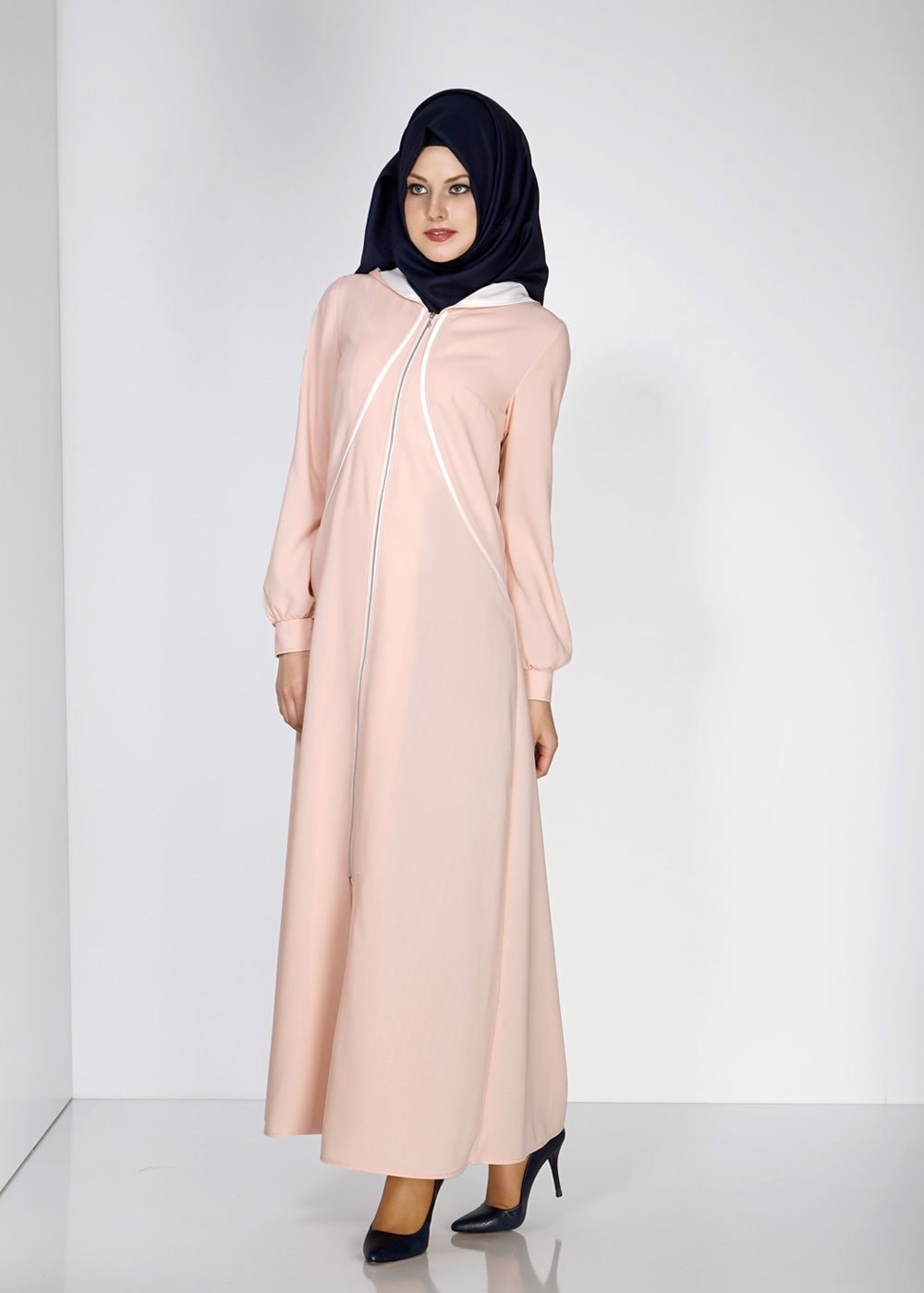 Hijab clothing POWDER HOODED ZIPPERED TOPCOAT 8169