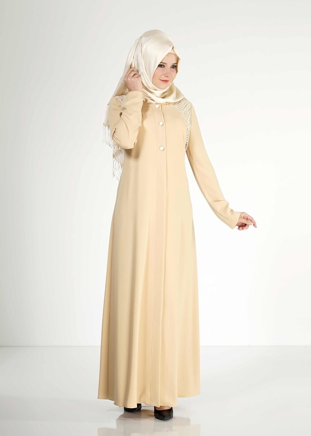 Tesettür giyim SARI FİLE DETAYLI DÜĞMELİ FERACE 8173