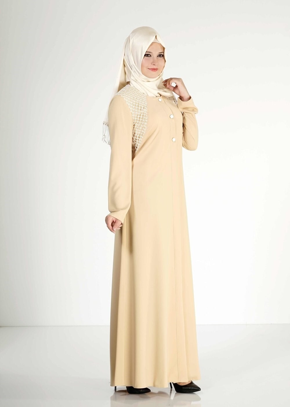 Tesettür giyim SARI FİLE DETAYLI DÜĞMELİ FERACE 8173