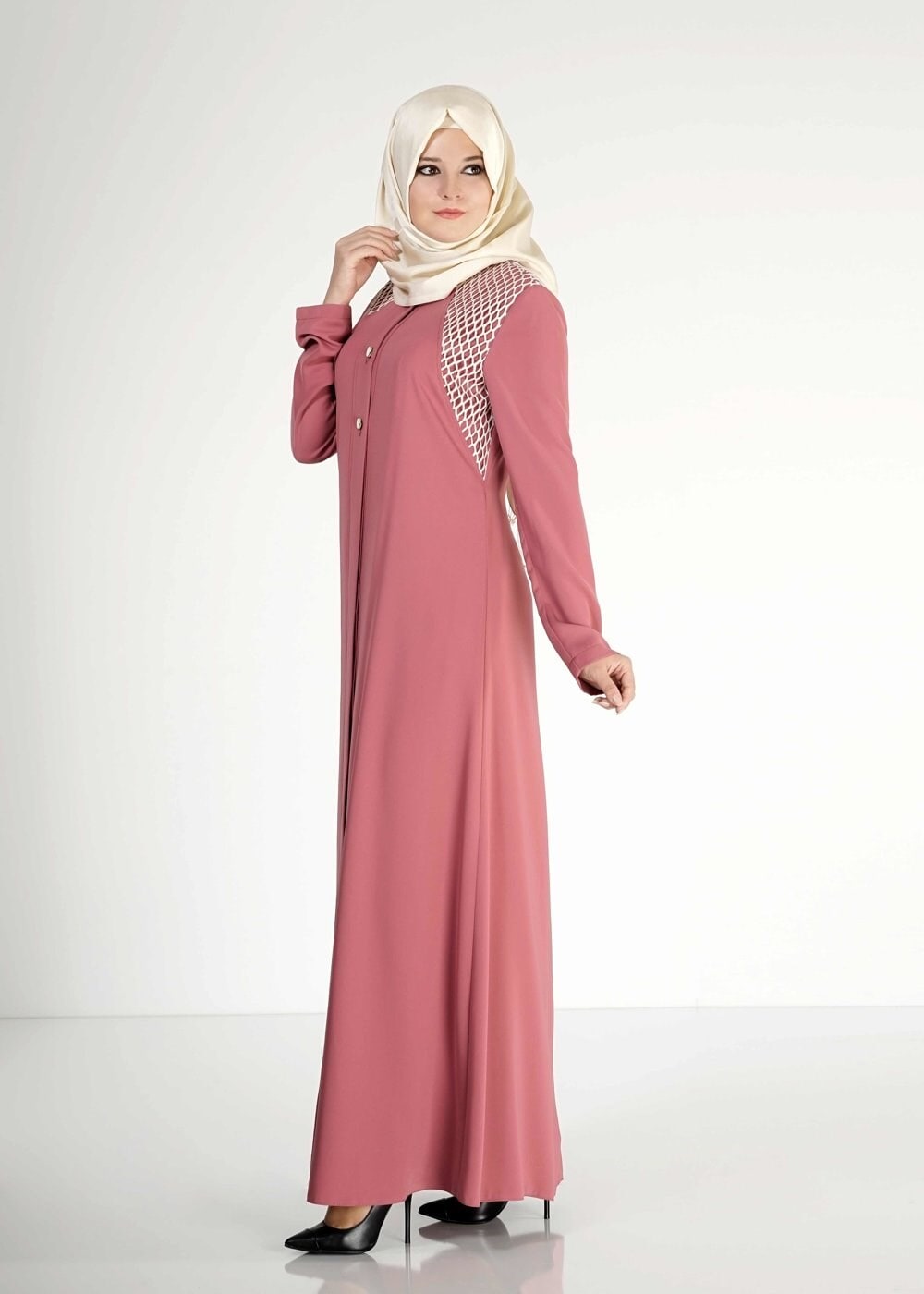 Tesettür giyim TURUNCU FİLE DETAYLI DÜĞMELİ FERACE 8173