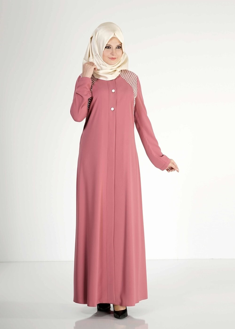 Tesettür giyim TURUNCU FİLE DETAYLI DÜĞMELİ FERACE 8173