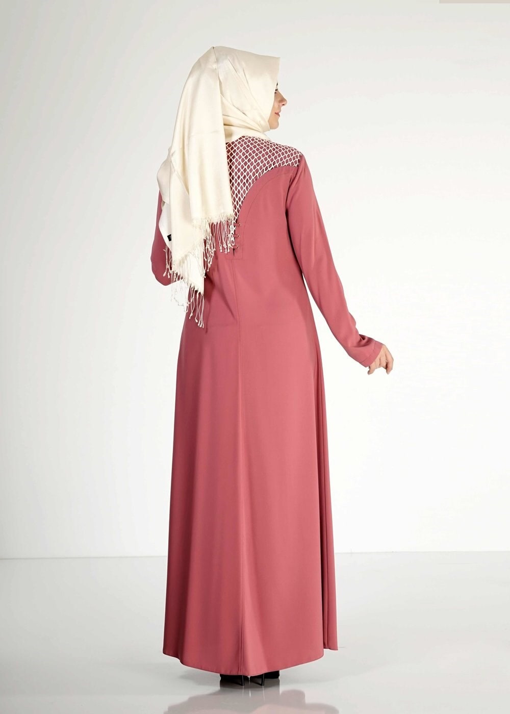 Tesettür giyim TURUNCU FİLE DETAYLI DÜĞMELİ FERACE 8173