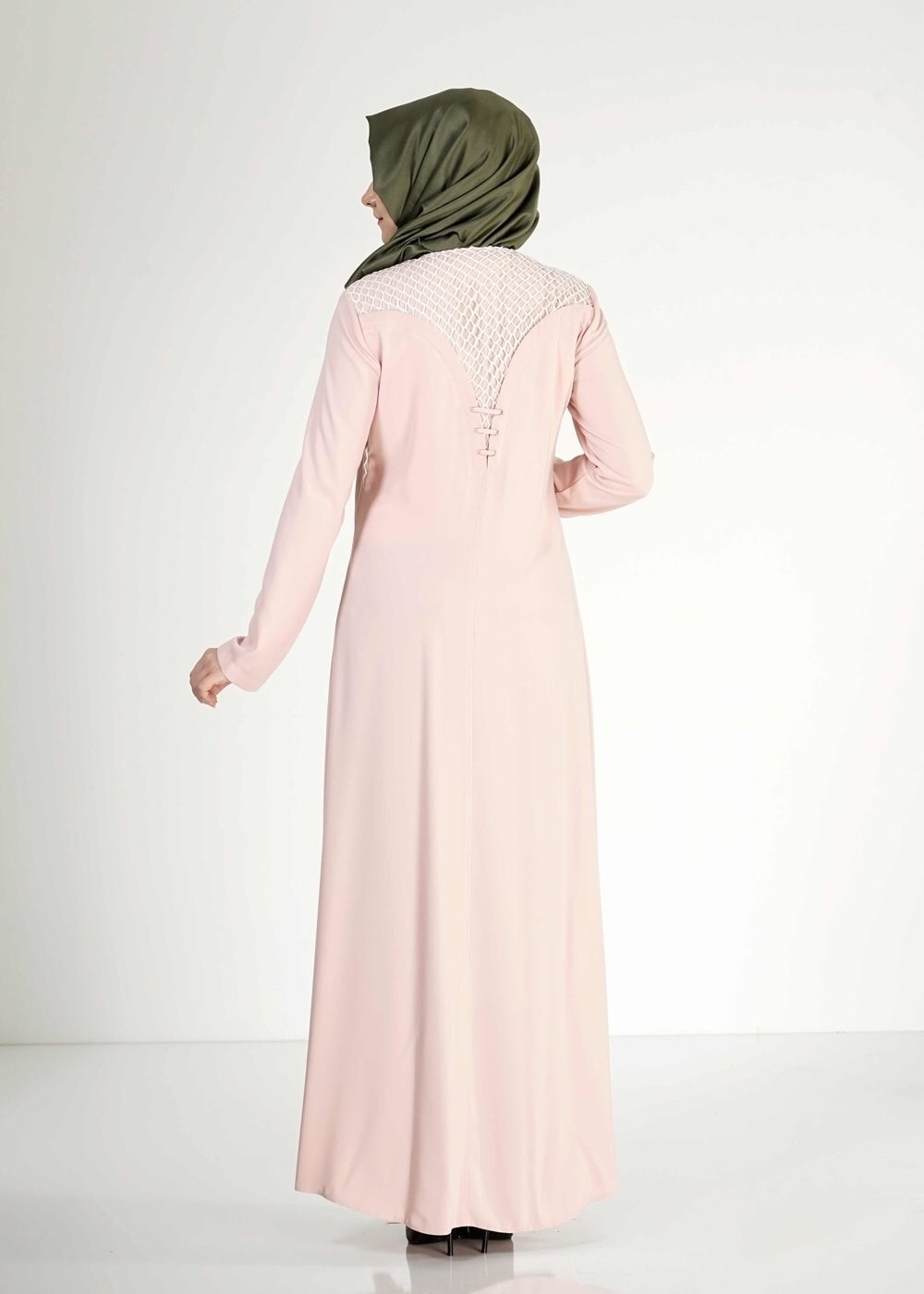Tesettür giyim PUDRA FİLE DETAYLI DÜĞMELİ FERACE 8173