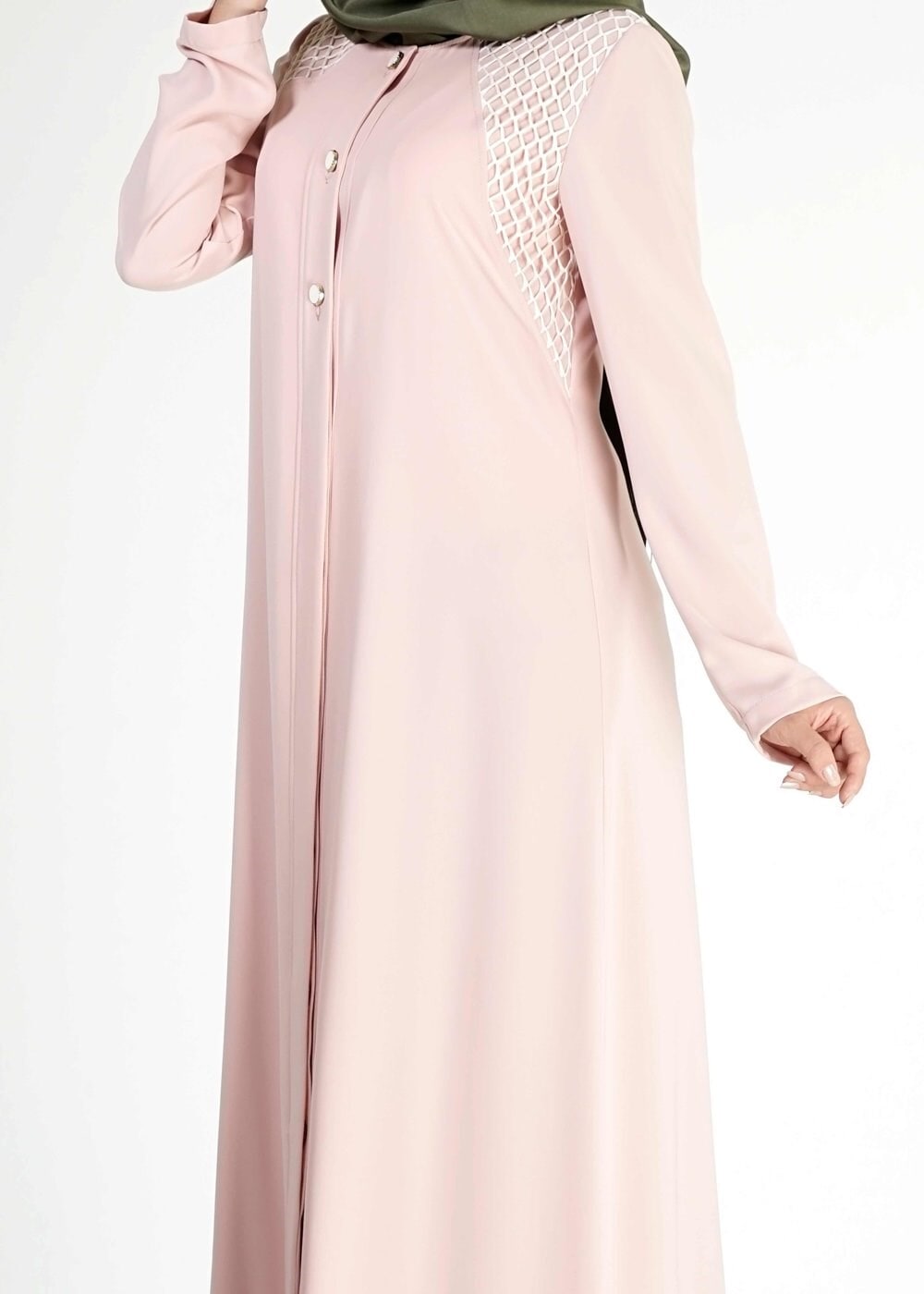 Tesettür giyim PUDRA FİLE DETAYLI DÜĞMELİ FERACE 8173