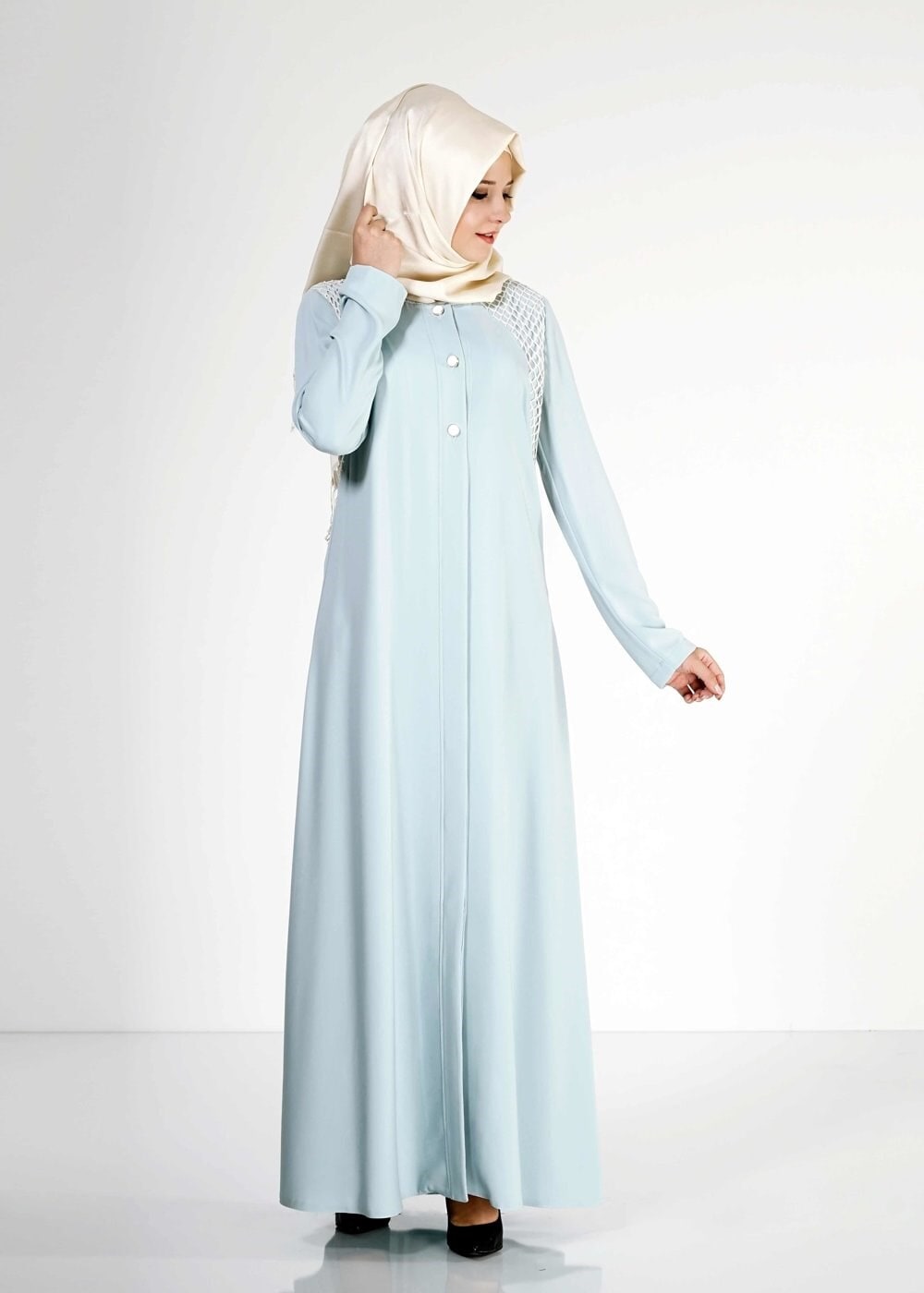 Tesettür giyim MAVİ FİLE DETAYLI DÜĞMELİ FERACE 8173