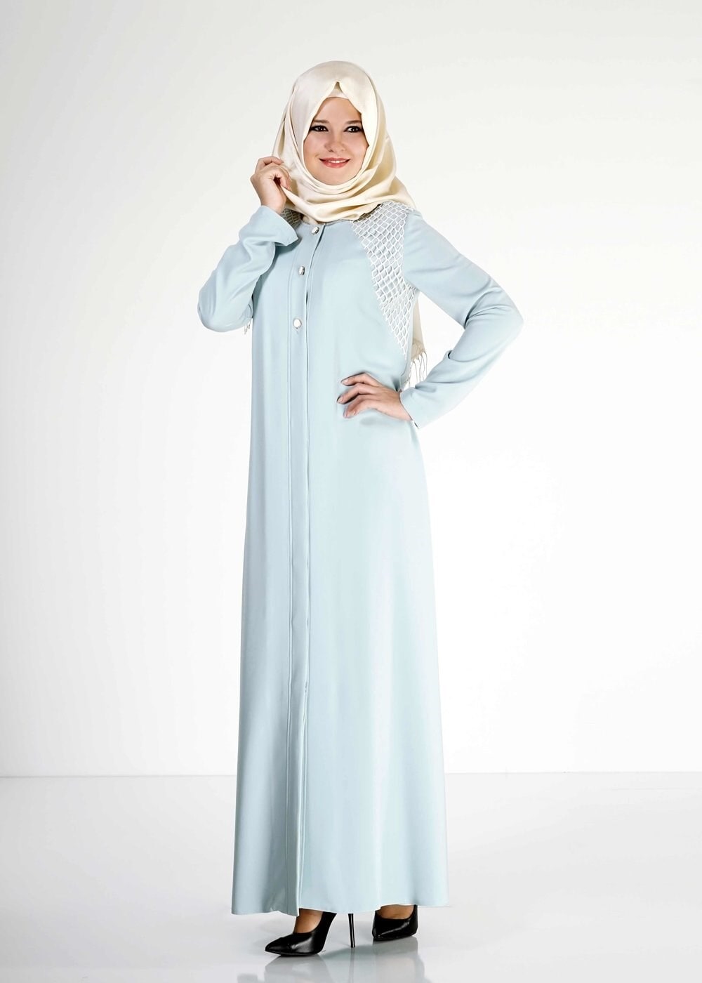 Tesettür giyim MAVİ FİLE DETAYLI DÜĞMELİ FERACE 8173