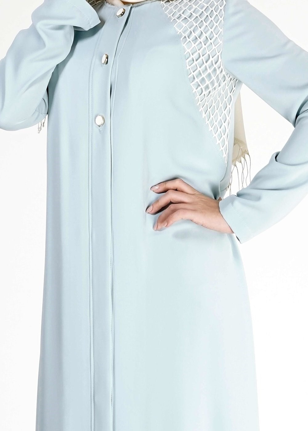 Tesettür giyim MAVİ FİLE DETAYLI DÜĞMELİ FERACE 8173