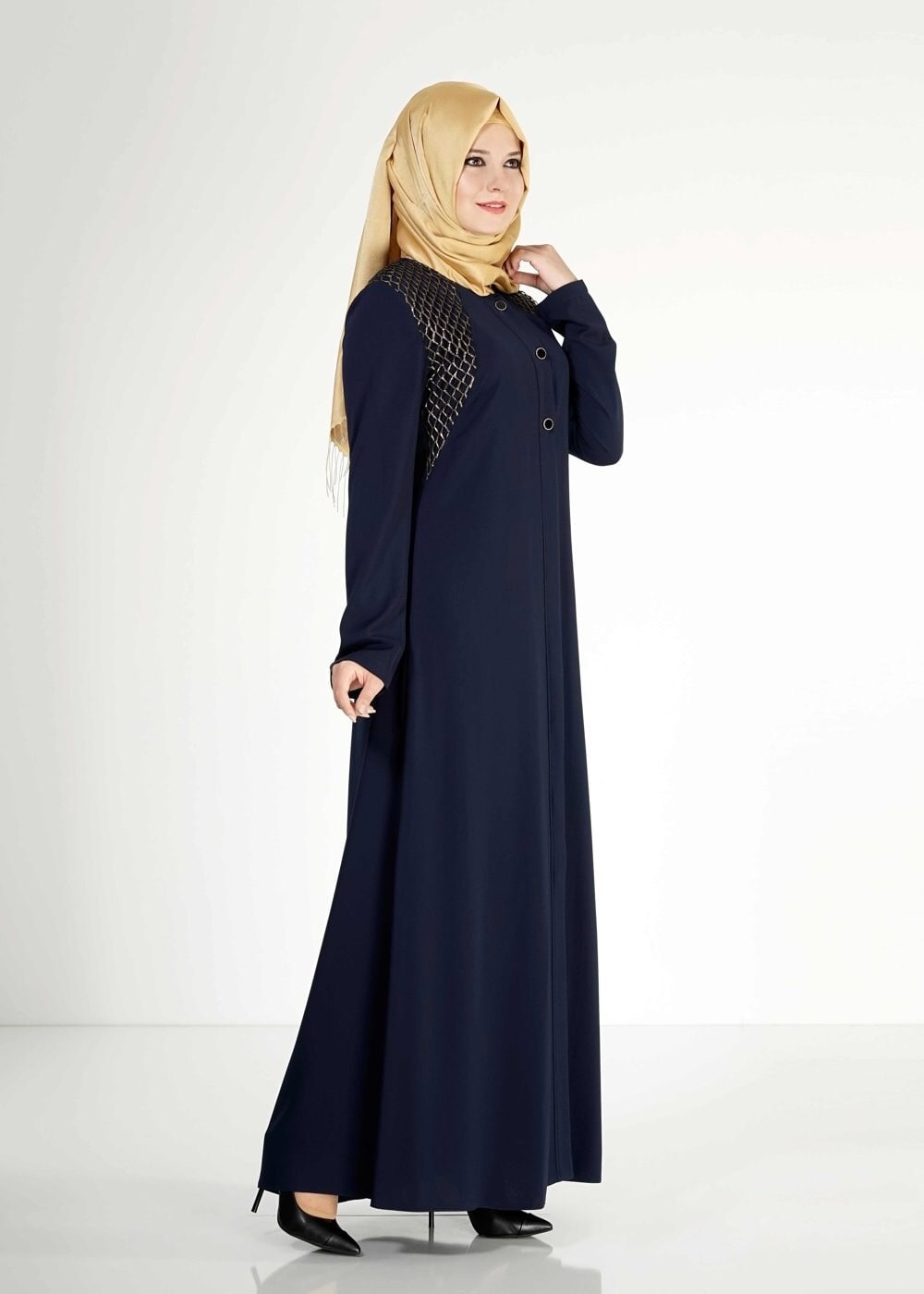 Tesettür giyim LACİVERT FİLE DETAYLI DÜĞMELİ FERACE 8173