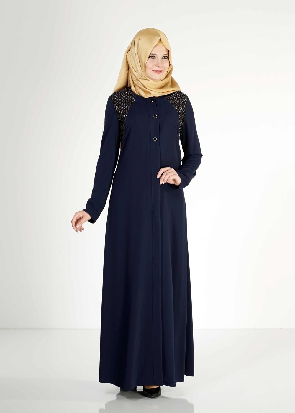 Tesettür giyim LACİVERT FİLE DETAYLI DÜĞMELİ FERACE 8173