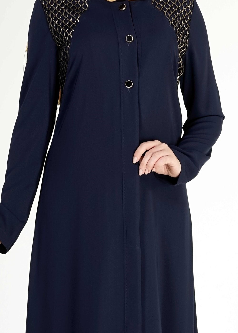 Tesettür giyim LACİVERT FİLE DETAYLI DÜĞMELİ FERACE 8173