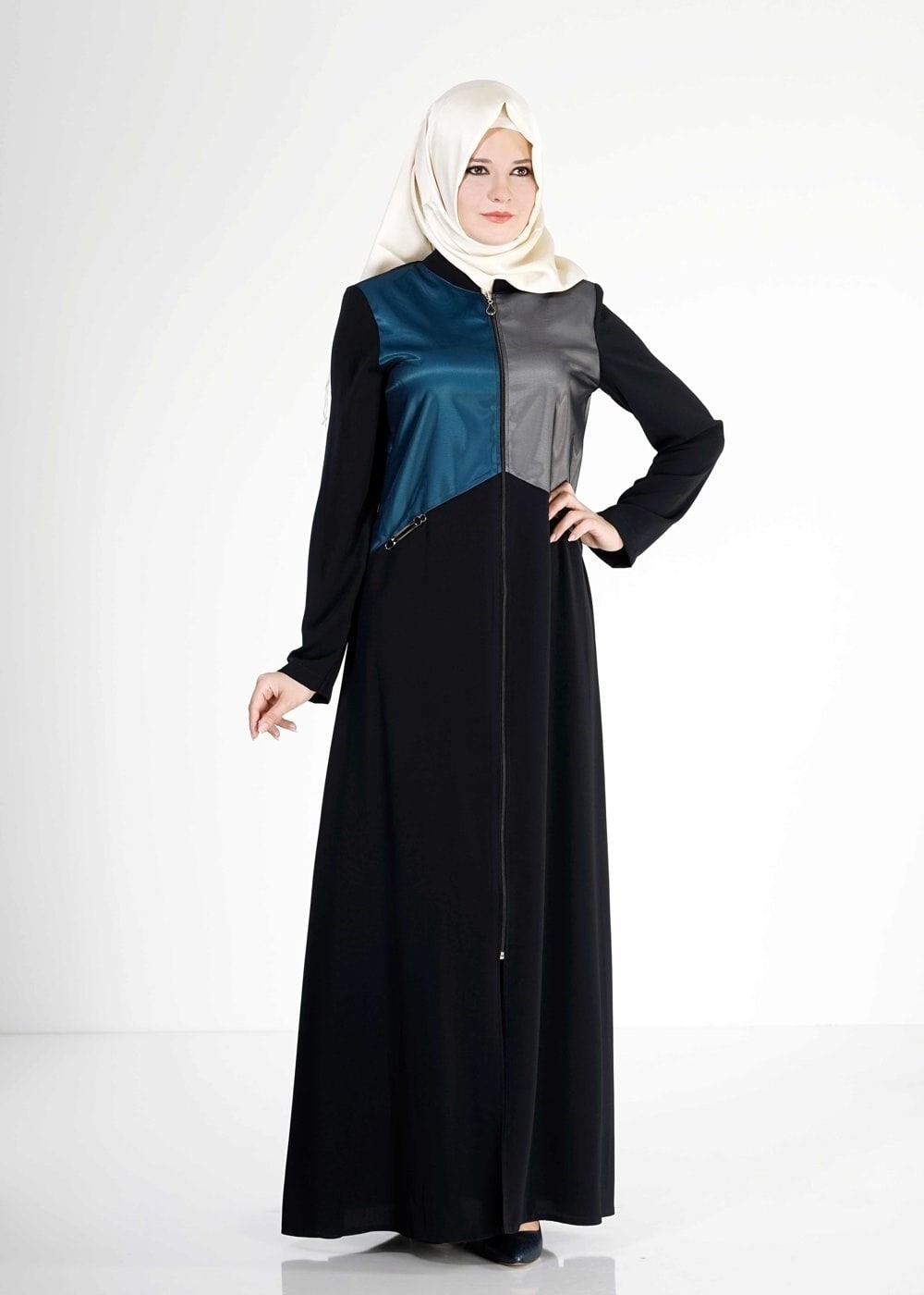 Tesettür giyim LACİVERT RENK BLOKLU FERMUARLI FERACE 8185