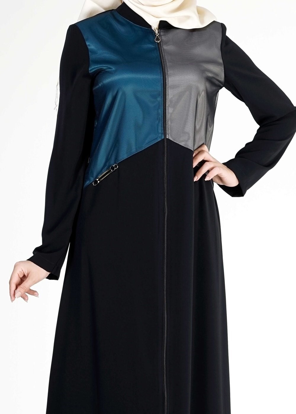 Tesettür giyim LACİVERT RENK BLOKLU FERMUARLI FERACE 8185