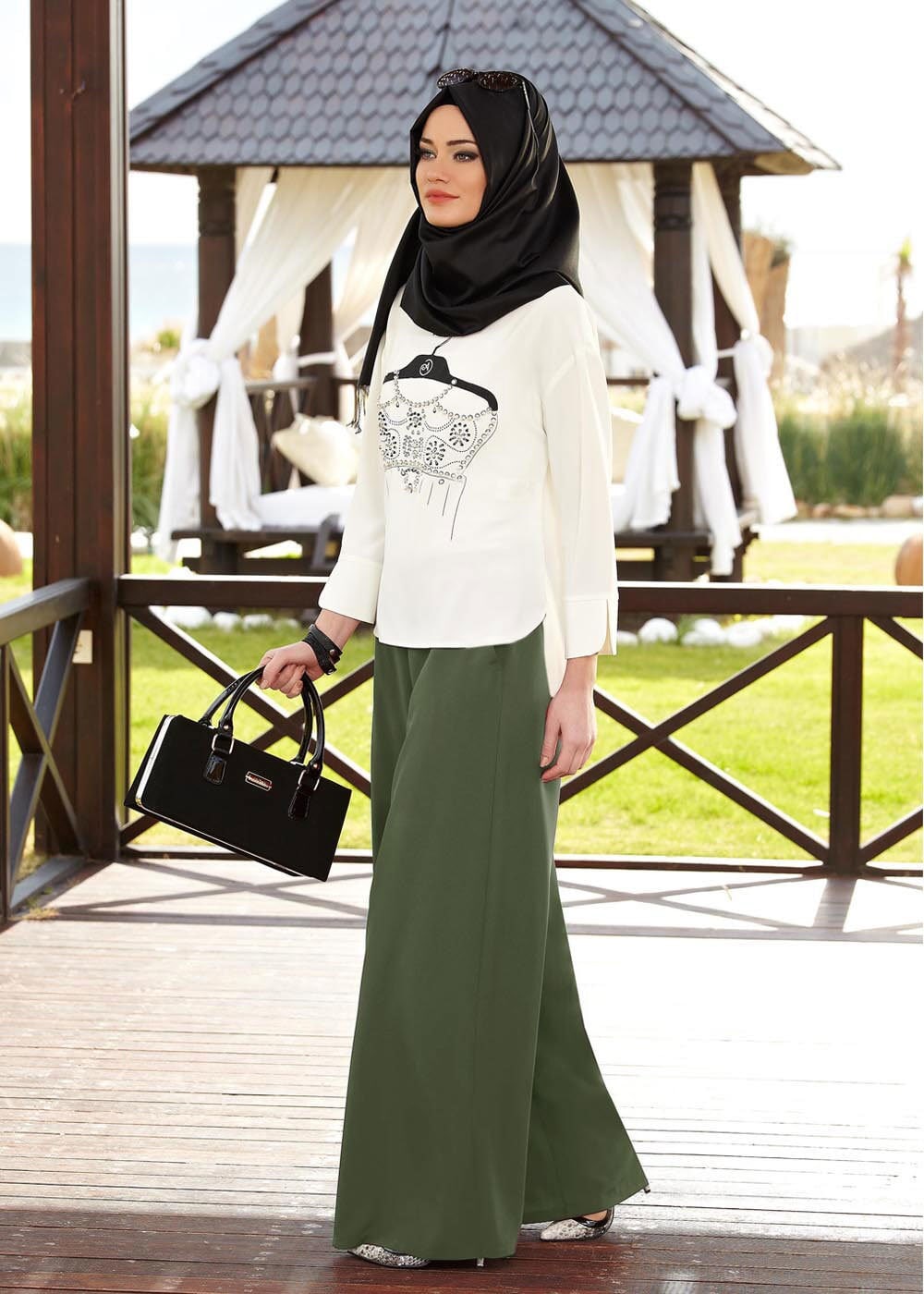 Tesettür giyim HAKİ 7820 Mini  Burble Tesettür  Pantolon