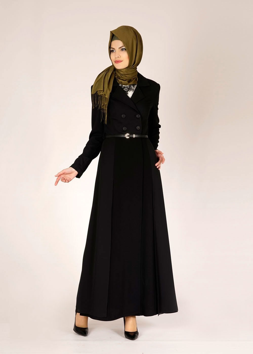 Tesettür giyim SİYAH ŞİFON DETAYLI DÜĞMELİ TRENÇKOT 1441