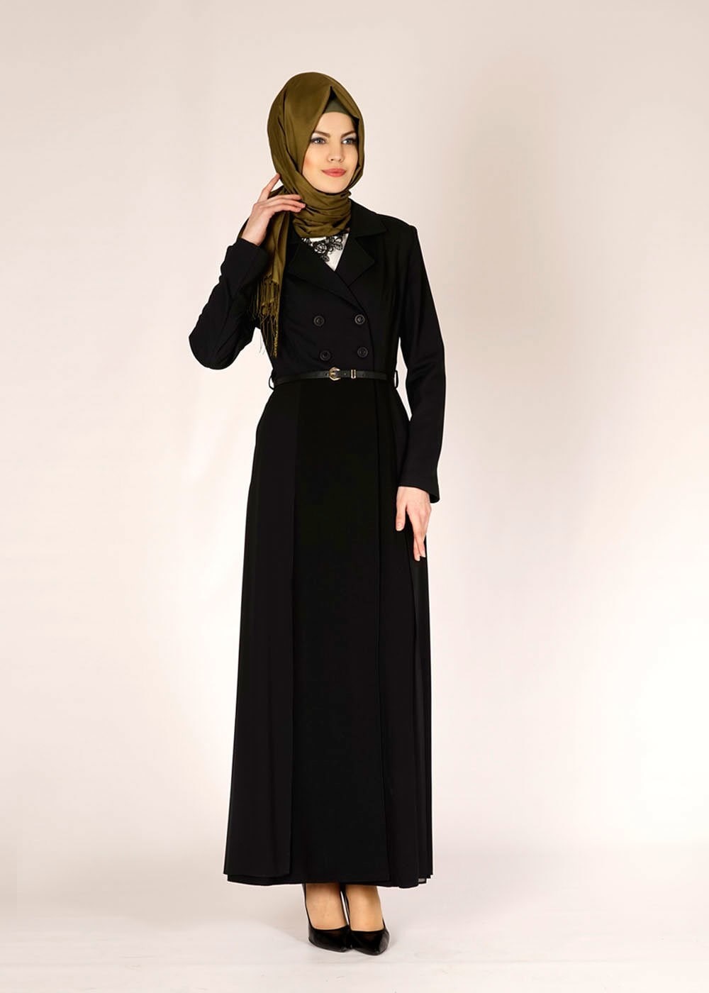 Tesettür giyim SİYAH ŞİFON DETAYLI DÜĞMELİ TRENÇKOT 1441