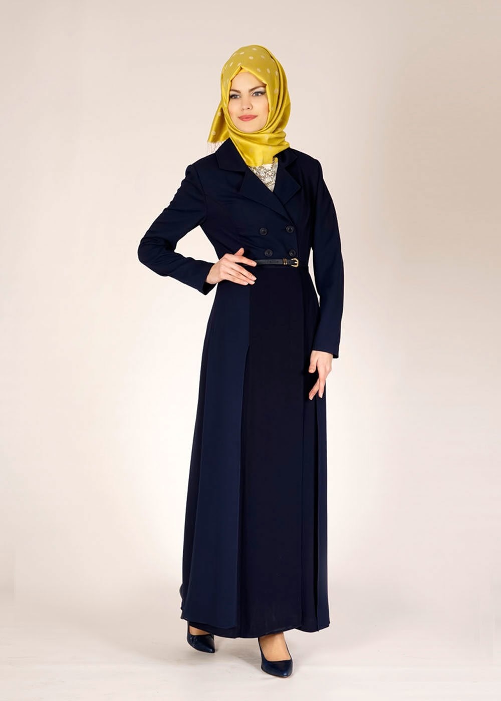 Tesettür giyim LACİVERT ŞİFON DETAYLI DÜĞMELİ TRENÇKOT 1441