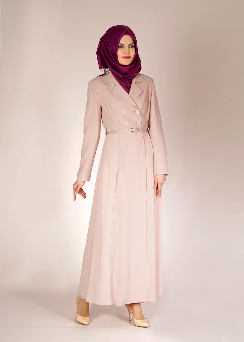 Tesettür giyim PUDRA ŞİFON DETAYLI DÜĞMELİ TRENÇKOT 1441