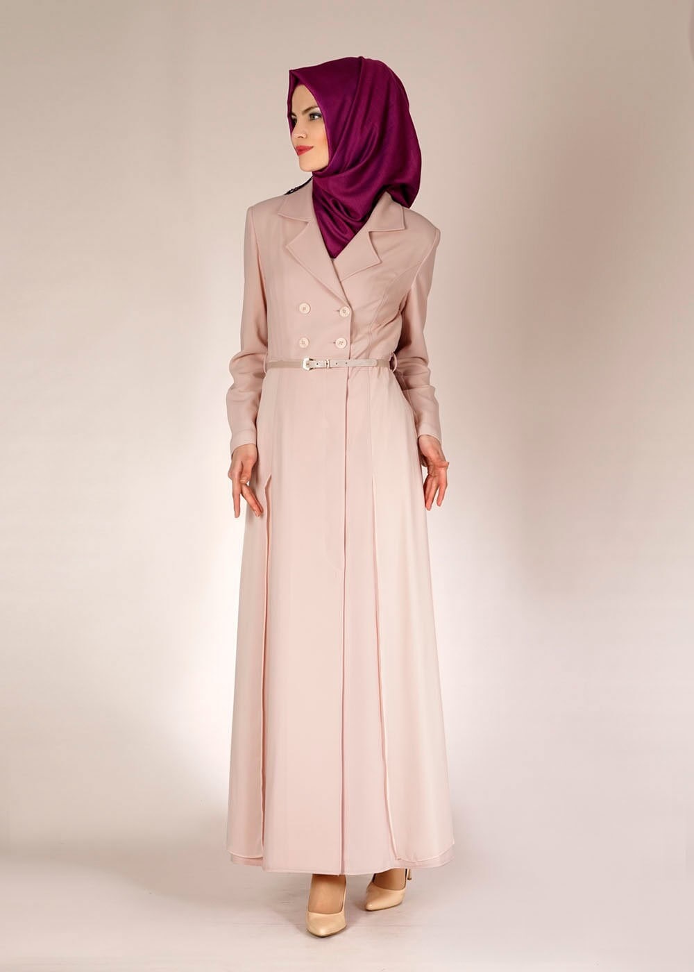 Tesettür giyim PUDRA ŞİFON DETAYLI DÜĞMELİ TRENÇKOT 1441