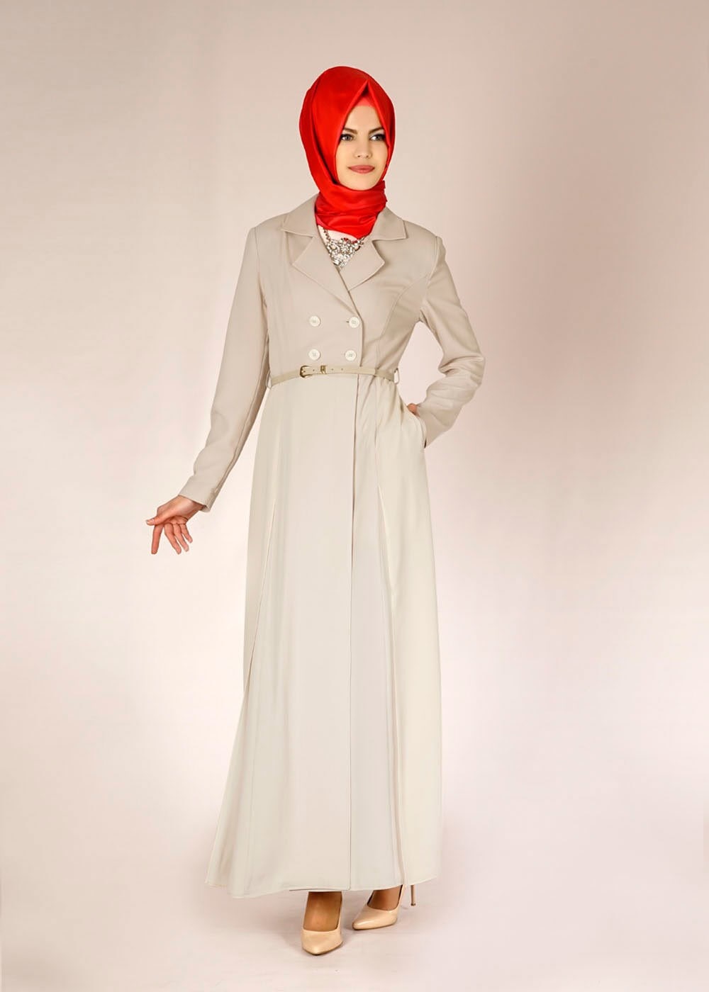Tesettür giyim BEJ ŞİFON DETAYLI DÜĞMELİ TRENÇKOT 1441