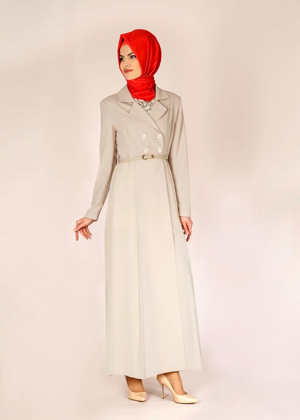 Tesettür giyim BEJ ŞİFON DETAYLI DÜĞMELİ TRENÇKOT 1441