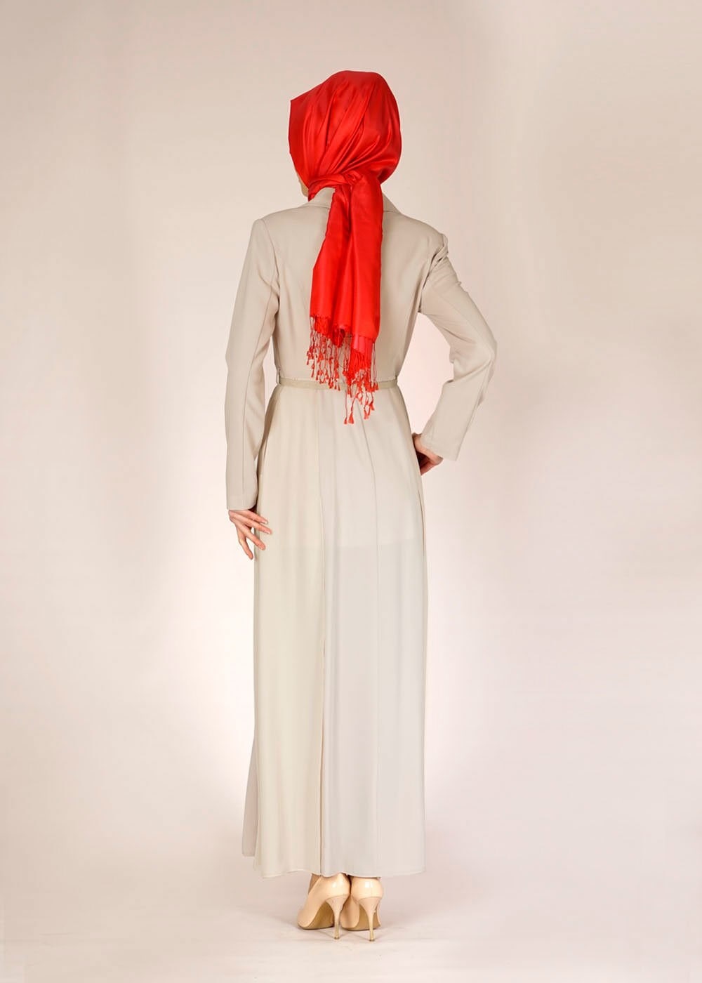 Tesettür giyim BEJ ŞİFON DETAYLI DÜĞMELİ TRENÇKOT 1441