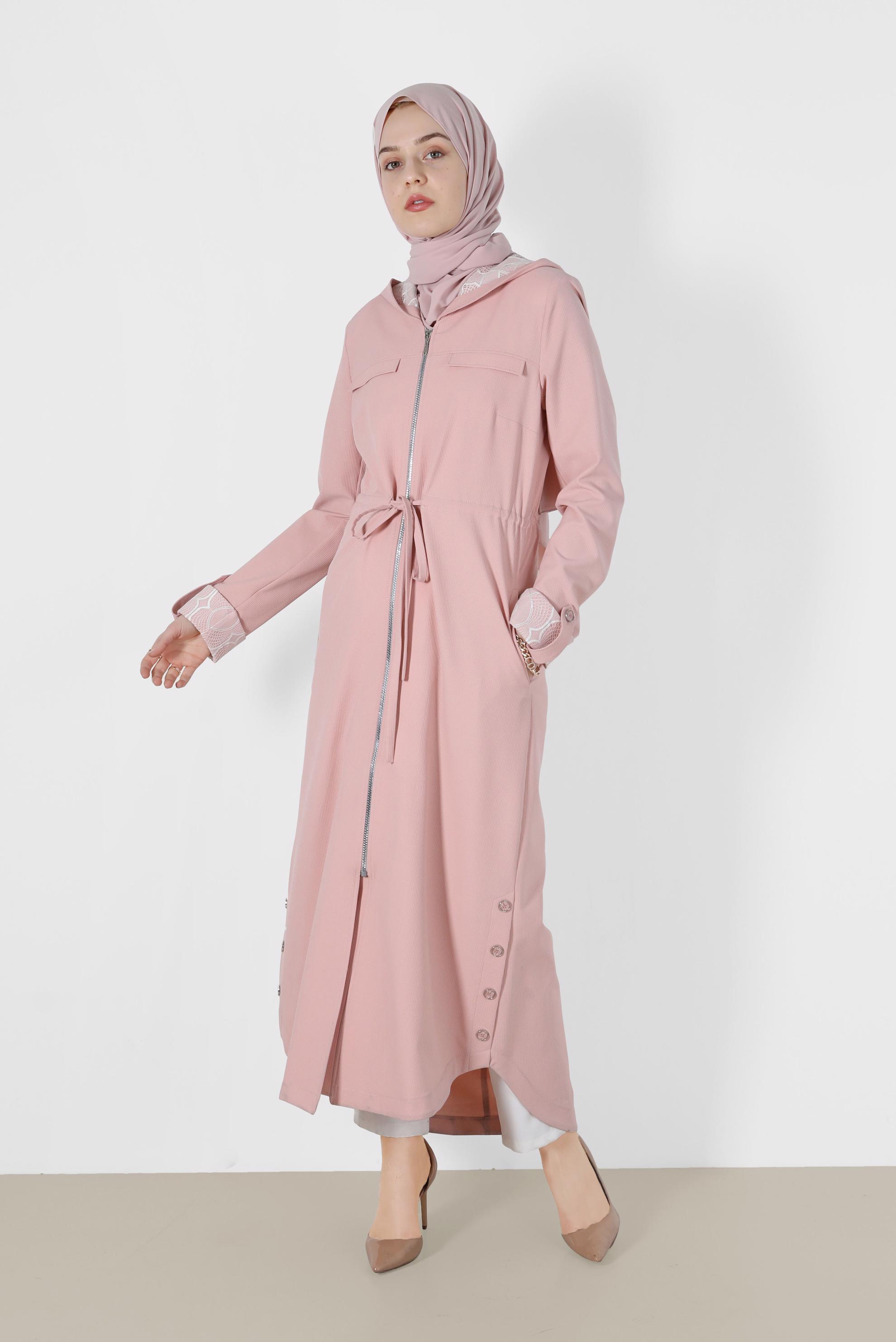 Tesettür giyim PUDRA YANLARI DÜĞME DETAYLI KAPÜŞONLU PARDESÜ 1452 