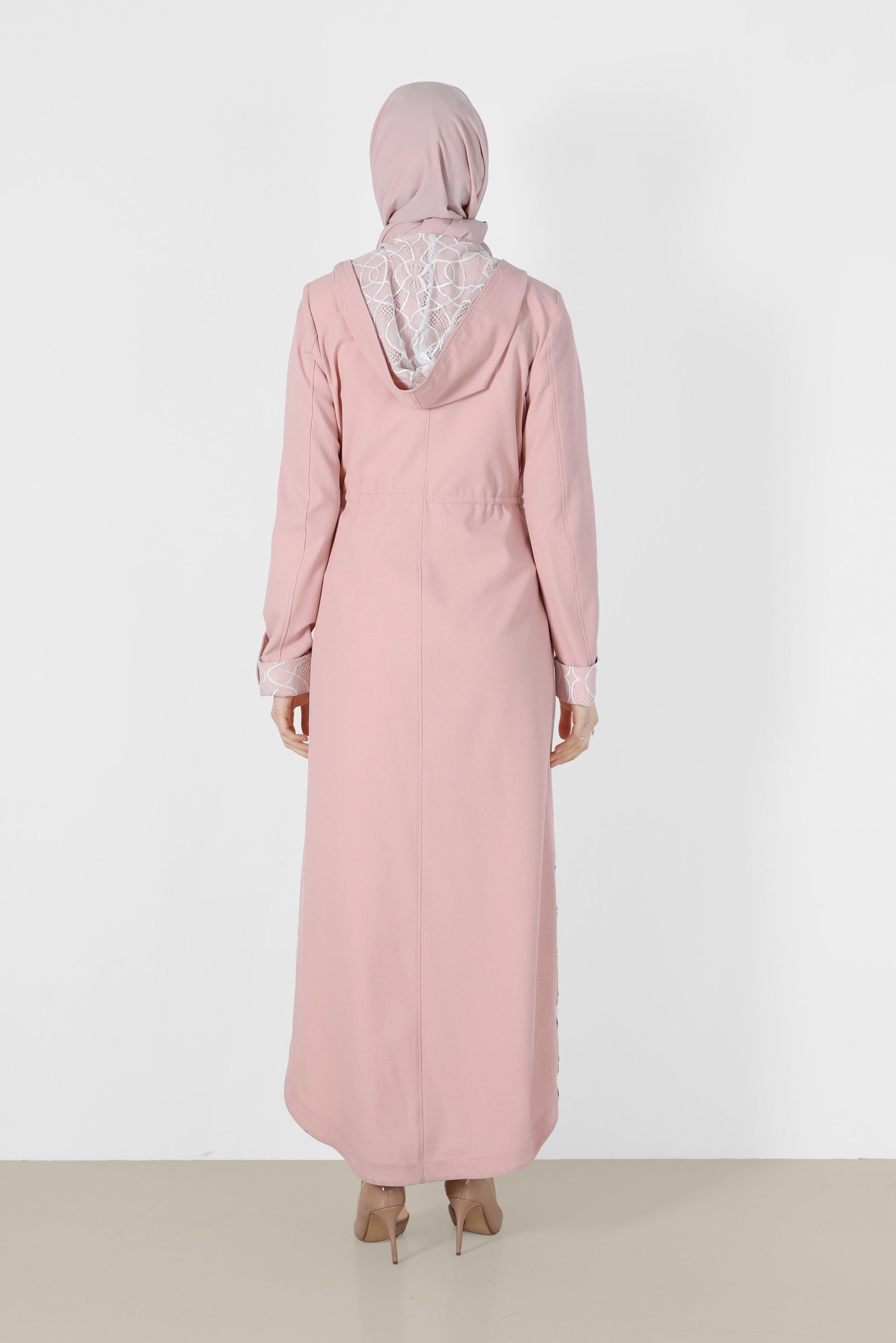 Tesettür giyim PUDRA YANLARI DÜĞME DETAYLI KAPÜŞONLU PARDESÜ 1452 