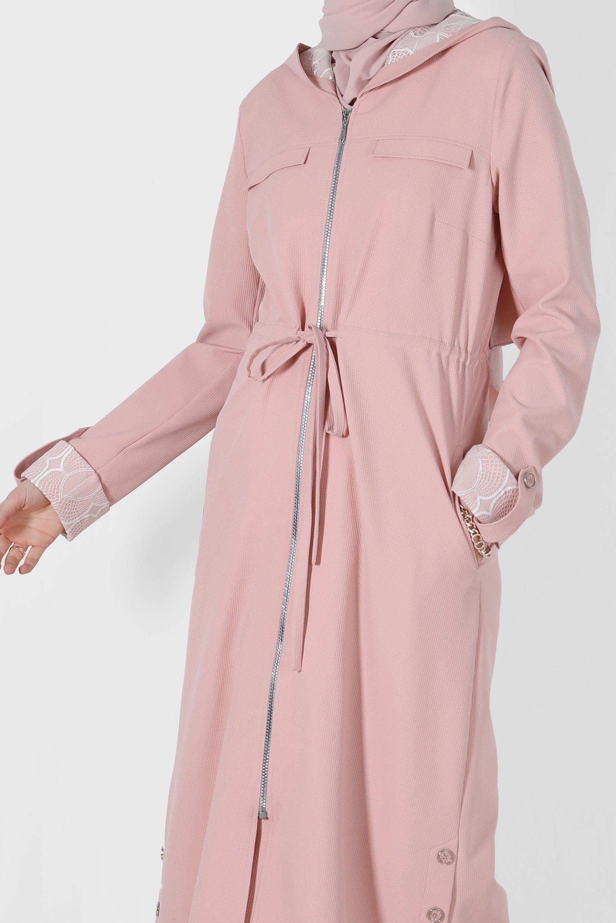 Tesettür giyim PUDRA YANLARI DÜĞME DETAYLI KAPÜŞONLU PARDESÜ 1452 