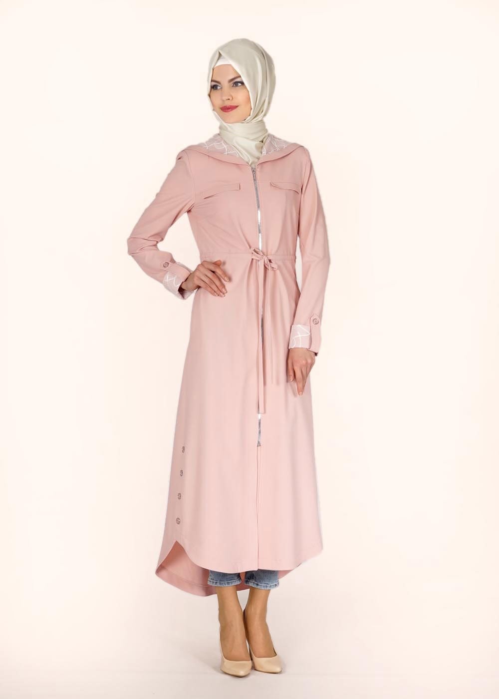 Tesettür giyim PUDRA YANLARI DÜĞME DETAYLI KAPÜŞONLU PARDESÜ 1452 