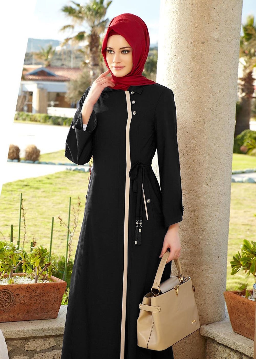 Tesettür giyim SİYAH YANDAN BAĞLAMALI TAŞ DETAYLI PARDESÜ 1463