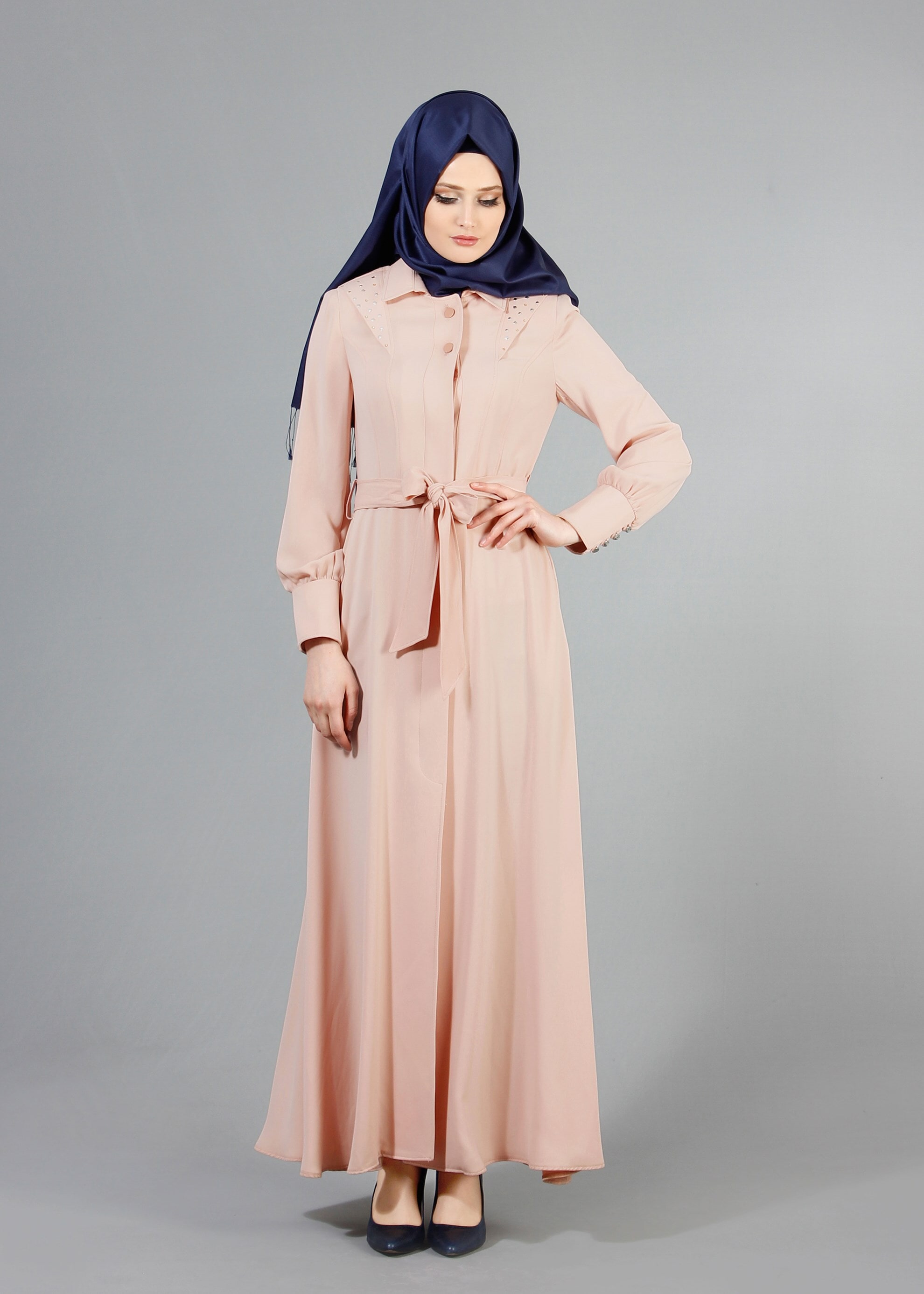 Tesettür giyim PUDRA DÜĞME DETAYLI CEPLİ PARDESÜ 1470