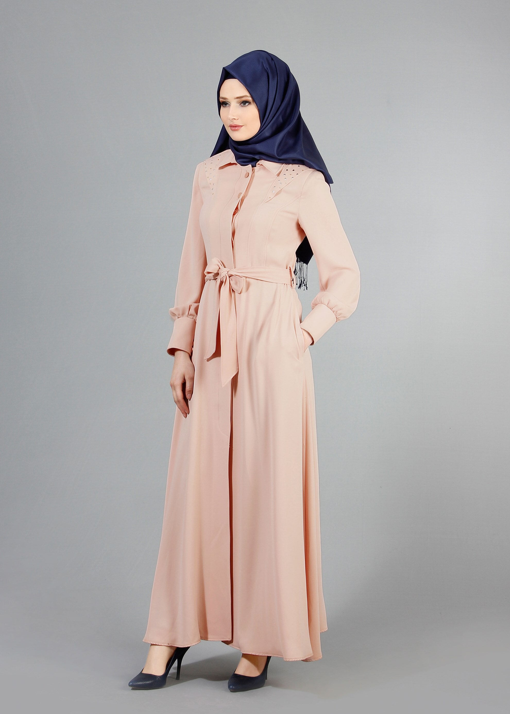 Tesettür giyim PUDRA DÜĞME DETAYLI CEPLİ PARDESÜ 1470