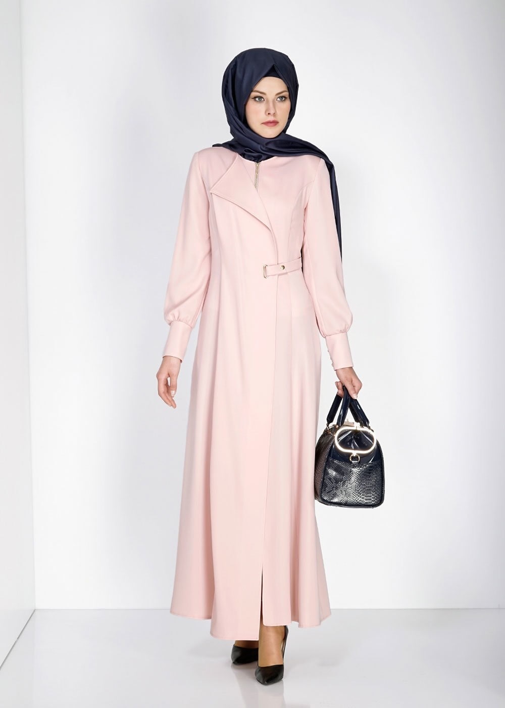 Tesettür giyim PUDRA ZIMBA DETAYLI FERMUARLI PARDESÜ 1471