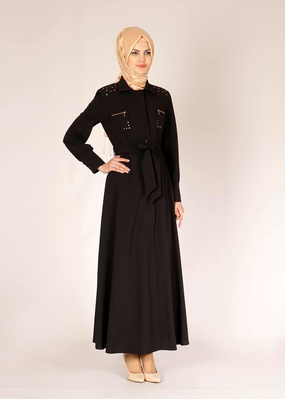 Tesettür giyim SİYAH KUŞAKLI PARDESÜ 1472