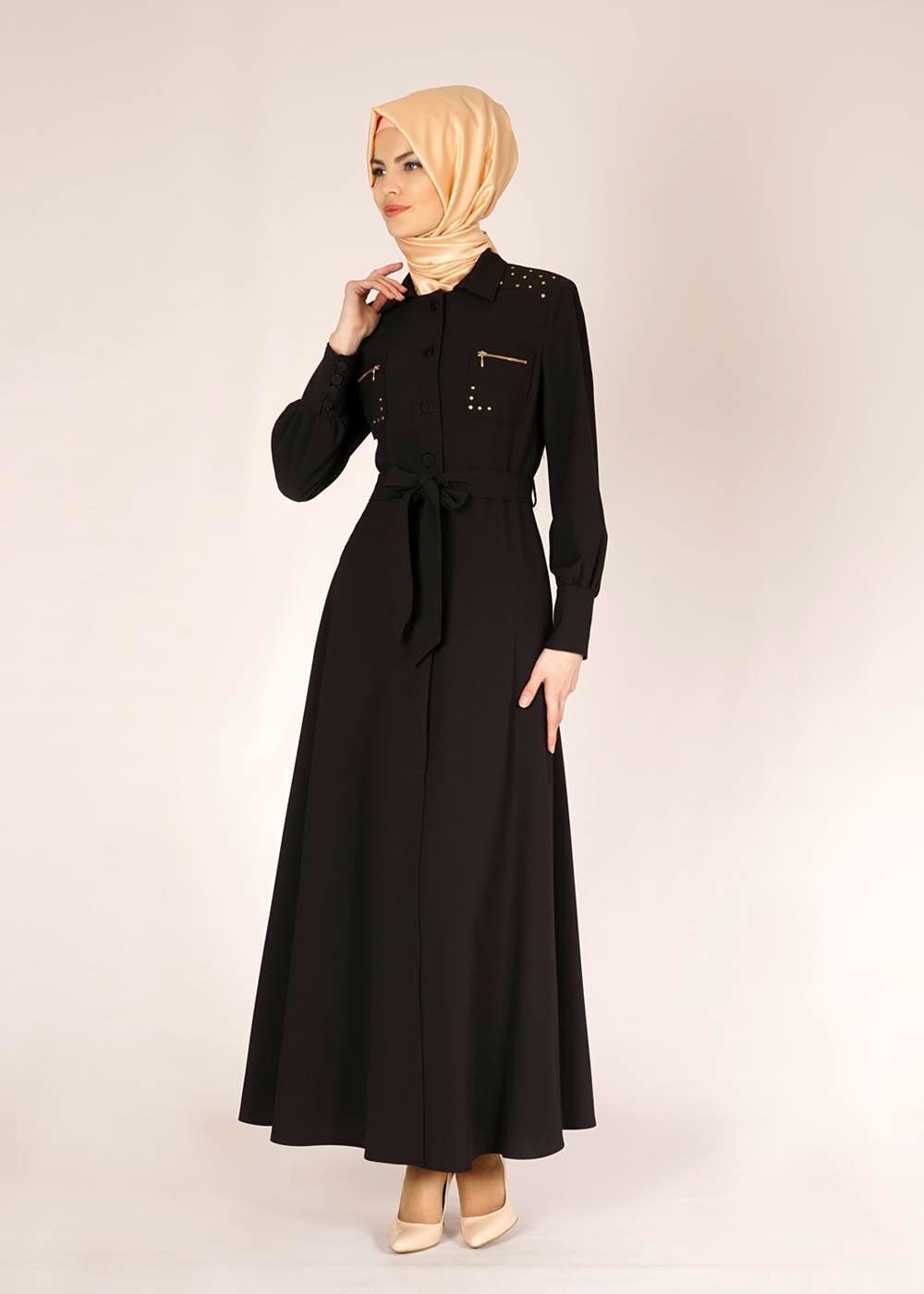 Tesettür giyim SİYAH KUŞAKLI PARDESÜ 1472