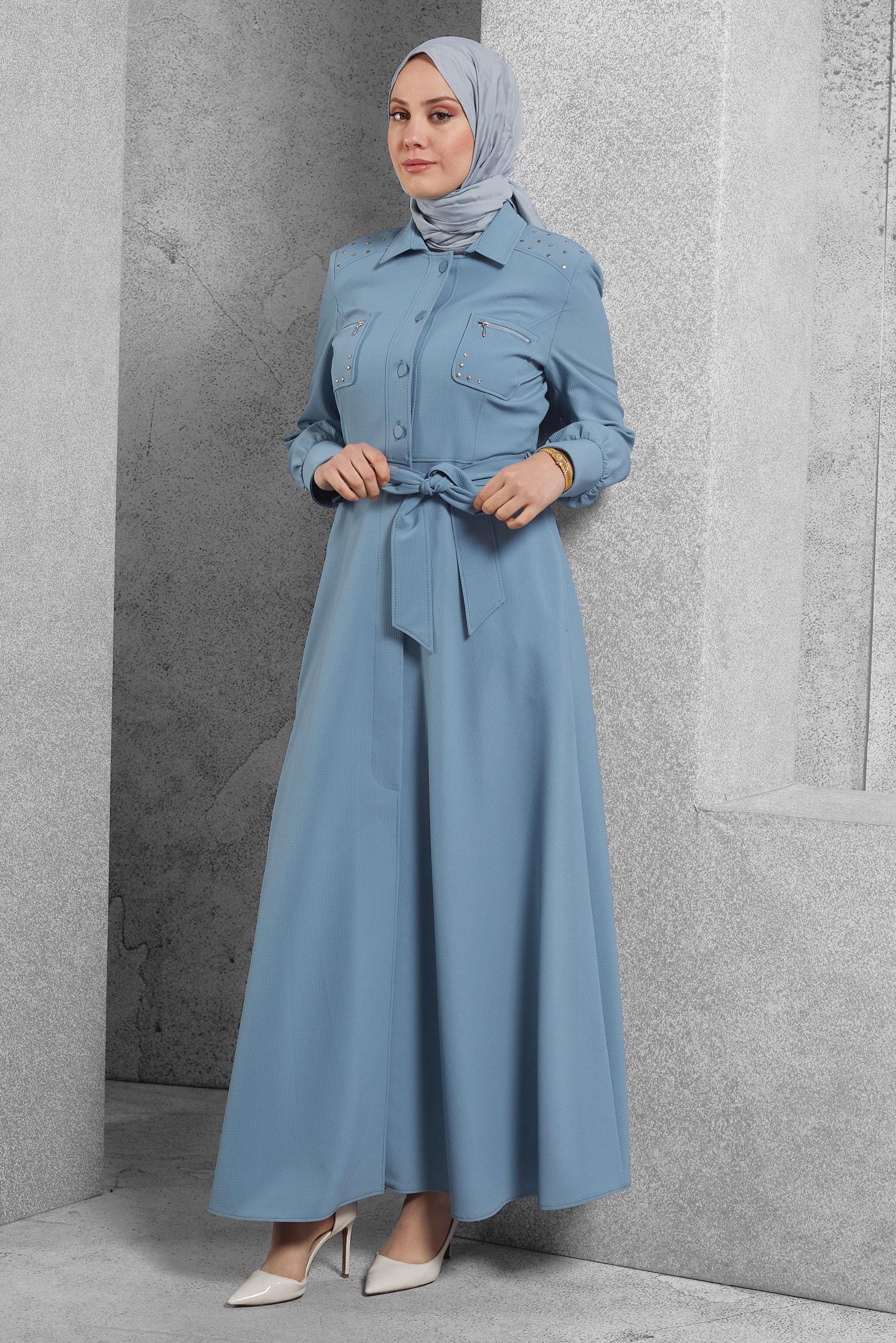 Tesettür giyim MAVİ KUŞAKLI PARDESÜ 1472