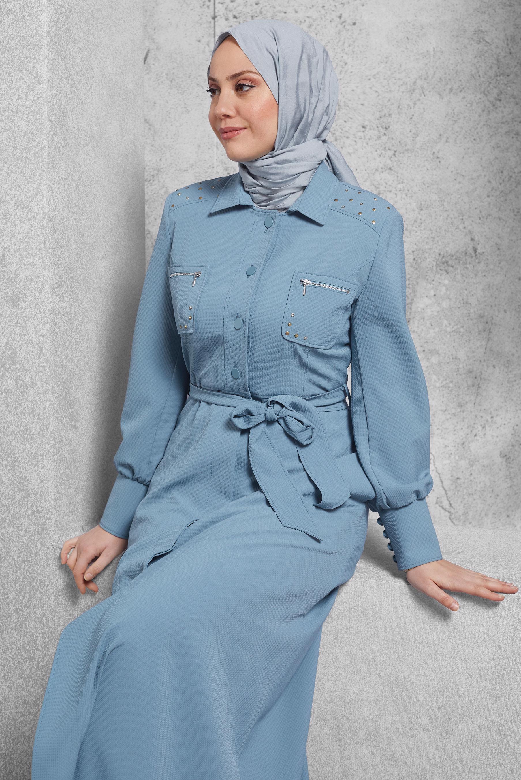 Tesettür giyim MAVİ KUŞAKLI PARDESÜ 1472