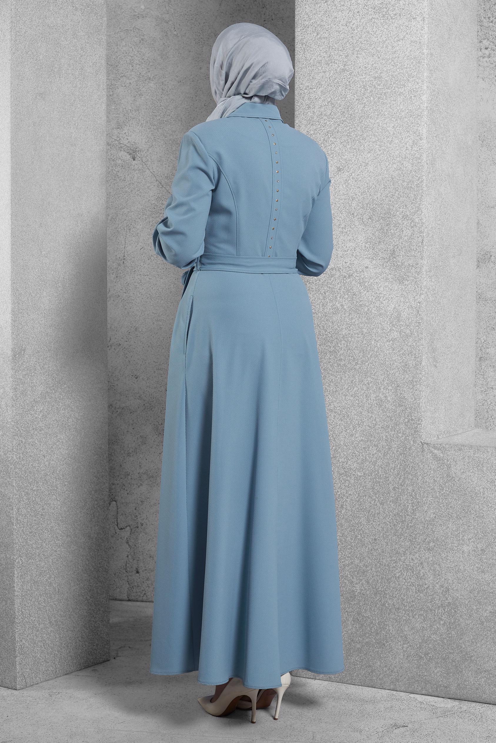 Tesettür giyim MAVİ KUŞAKLI PARDESÜ 1472