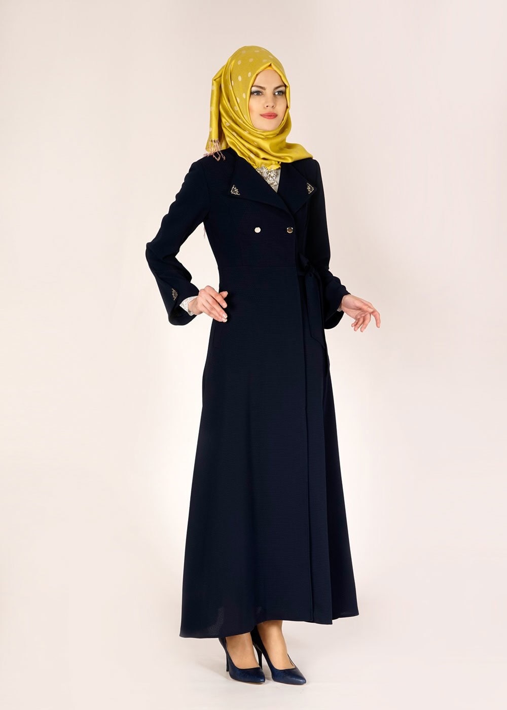 Tesettür giyim LACİVERT YANDAN BAĞLAMALI KRUVAZE YAKA PARDESÜ 1479 