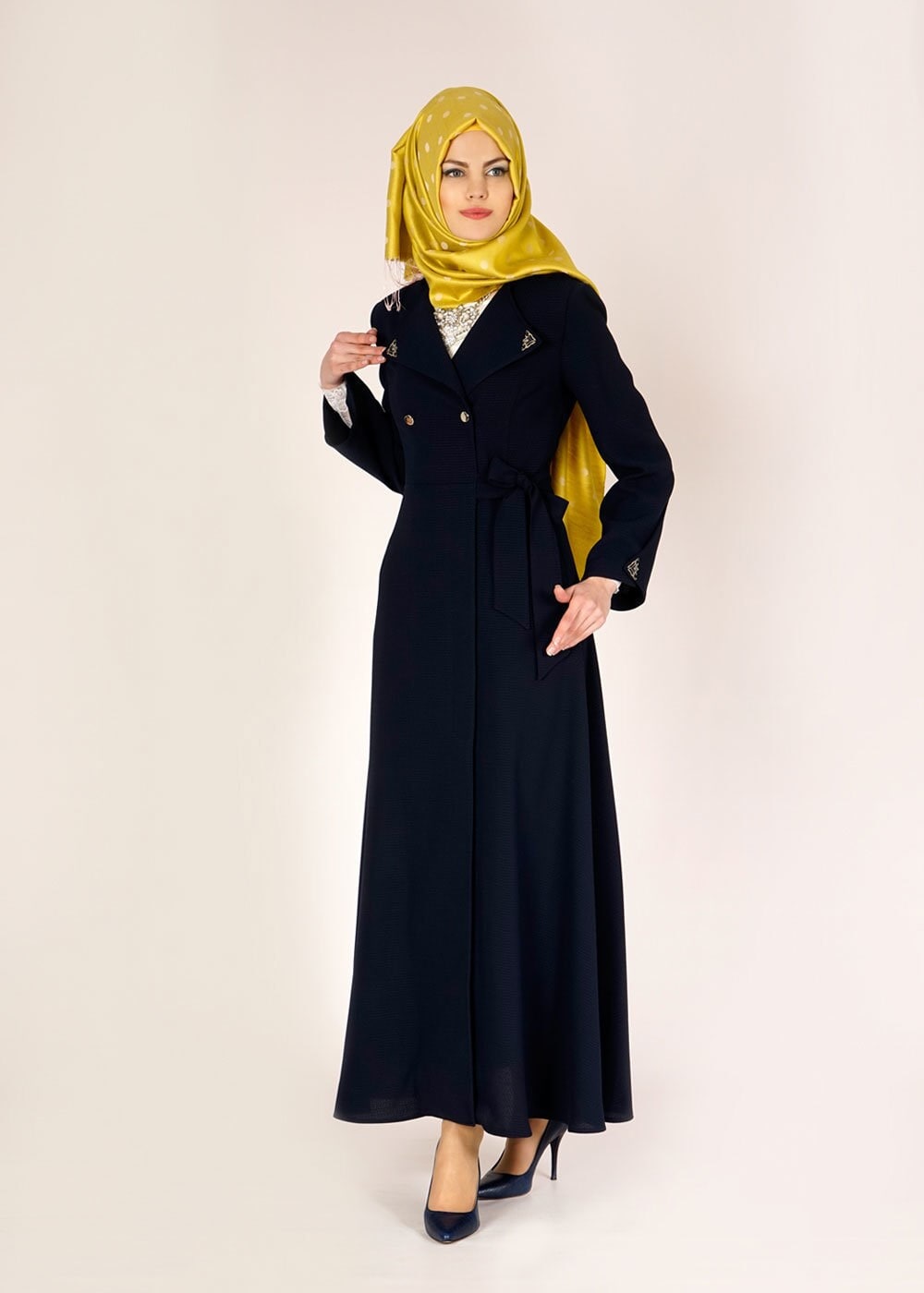 Tesettür giyim LACİVERT YANDAN BAĞLAMALI KRUVAZE YAKA PARDESÜ 1479 