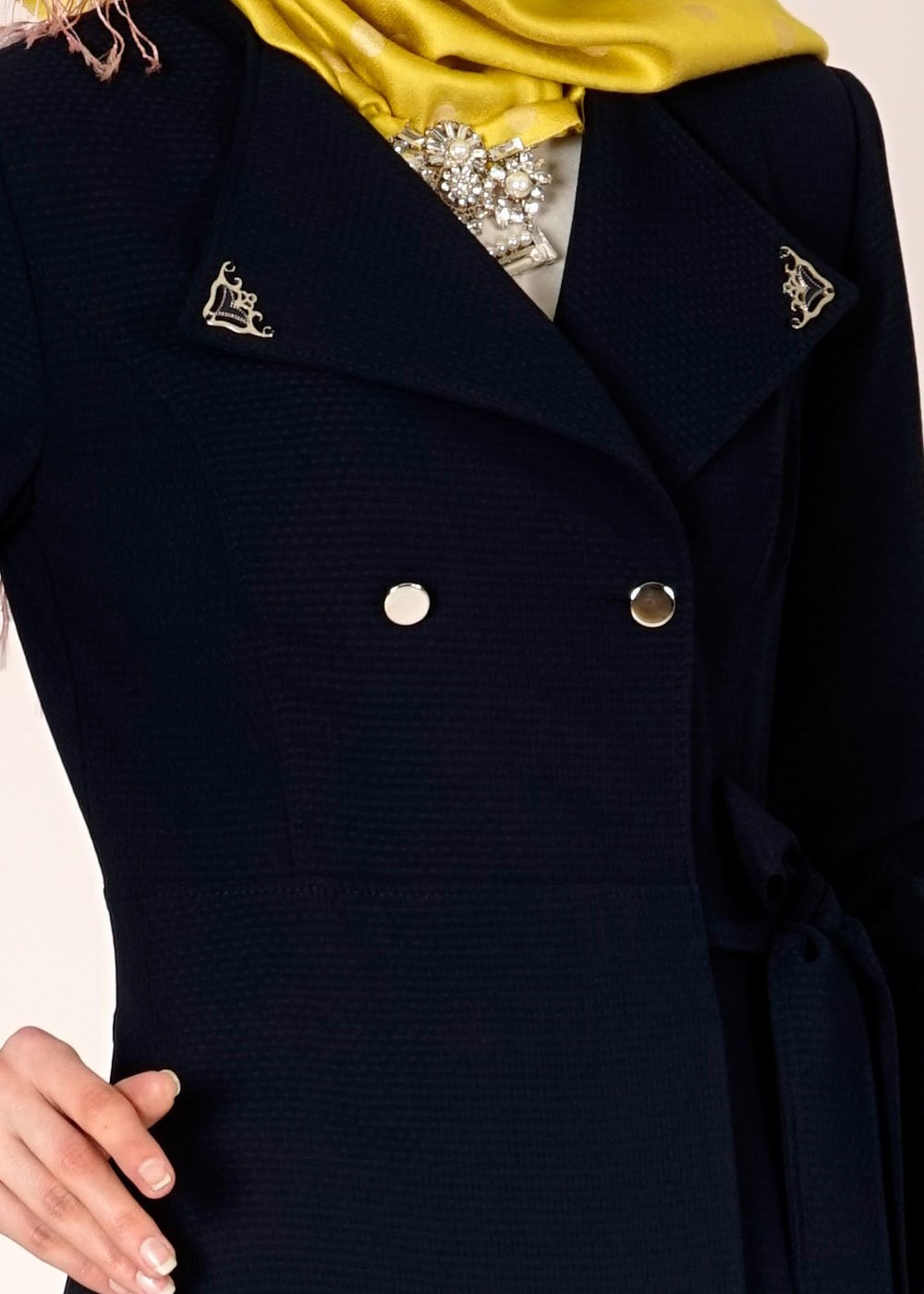 Tesettür giyim LACİVERT YANDAN BAĞLAMALI KRUVAZE YAKA PARDESÜ 1479 