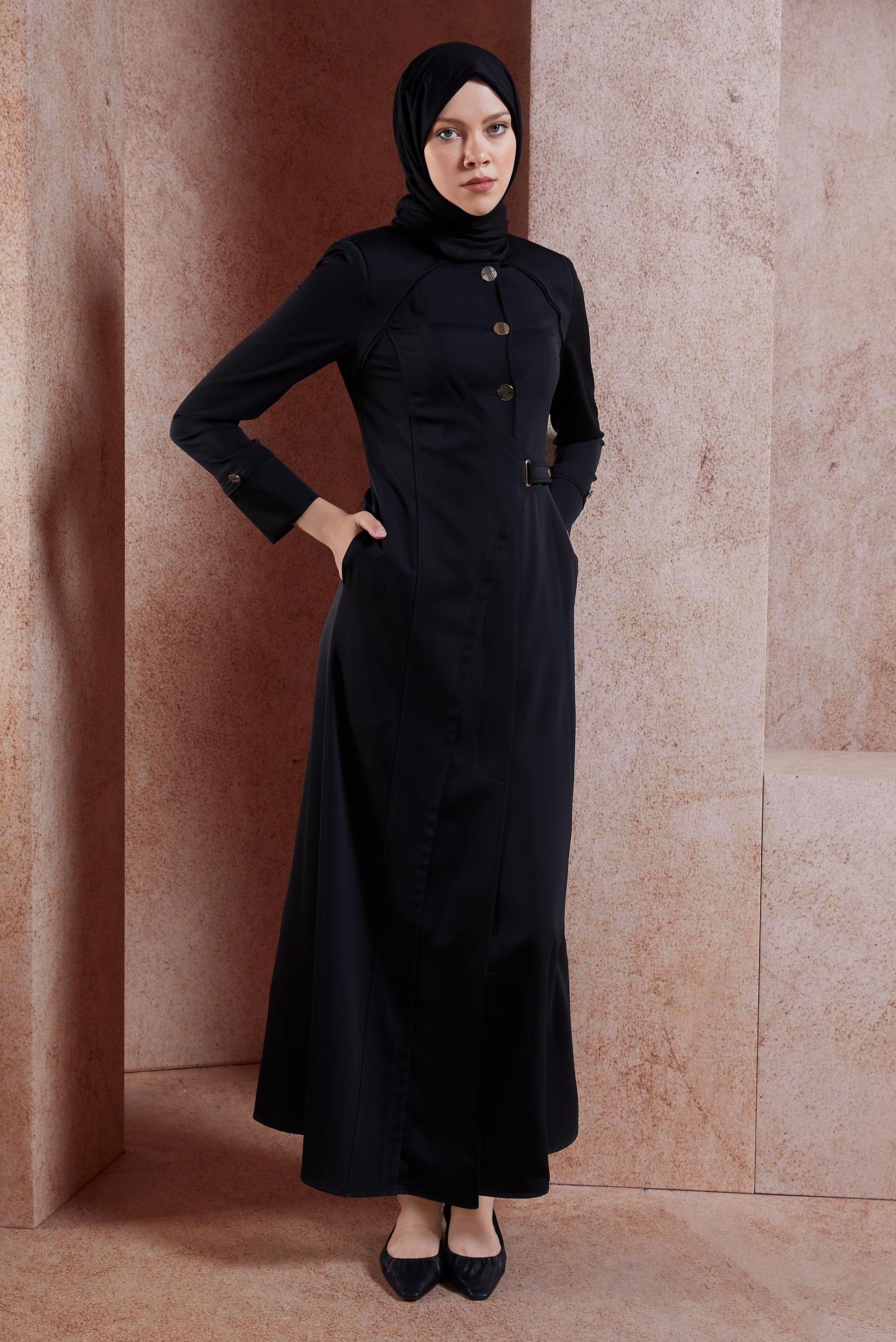 Tesettür giyim SİYAH DÜĞMELİ TESETTÜR PARDESÜ 1480