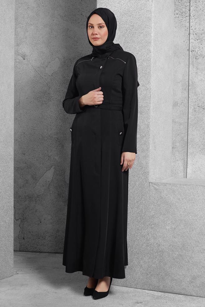 Tesettür giyim SİYAH FERMUARLI PARDESÜ 1483 - ALVİNA