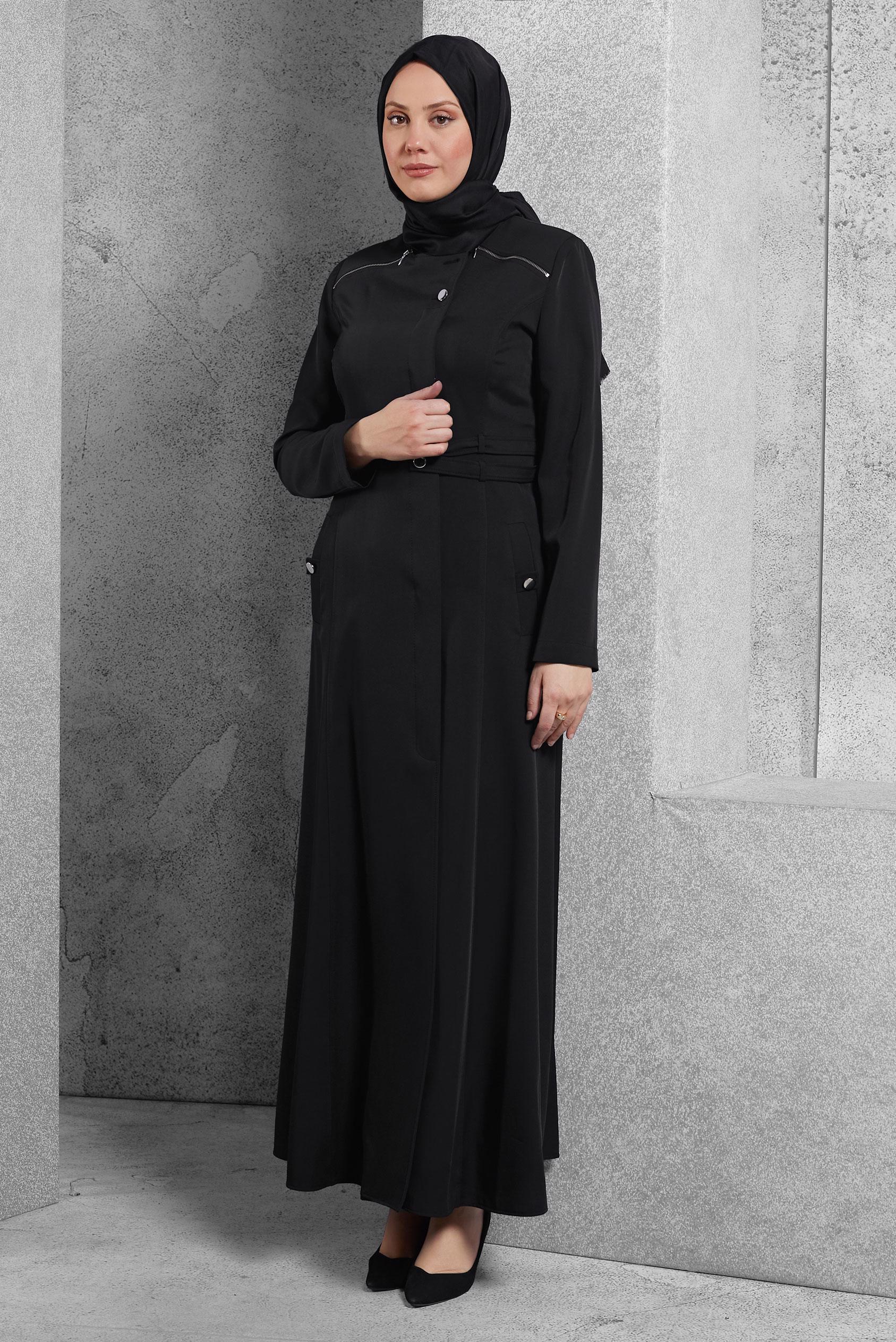 Tesettür giyim SİYAH FERMUARLI PARDESÜ 1483