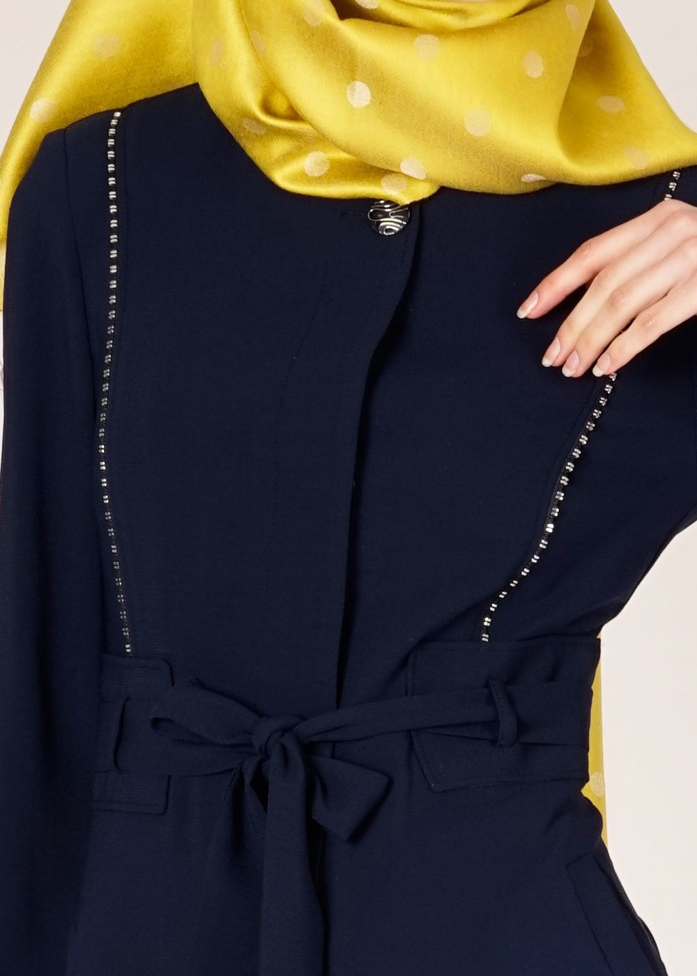 Tesettür giyim LACİVERT BELİ KUŞAKLI DÜĞMELİ PARDESÜ 1485 