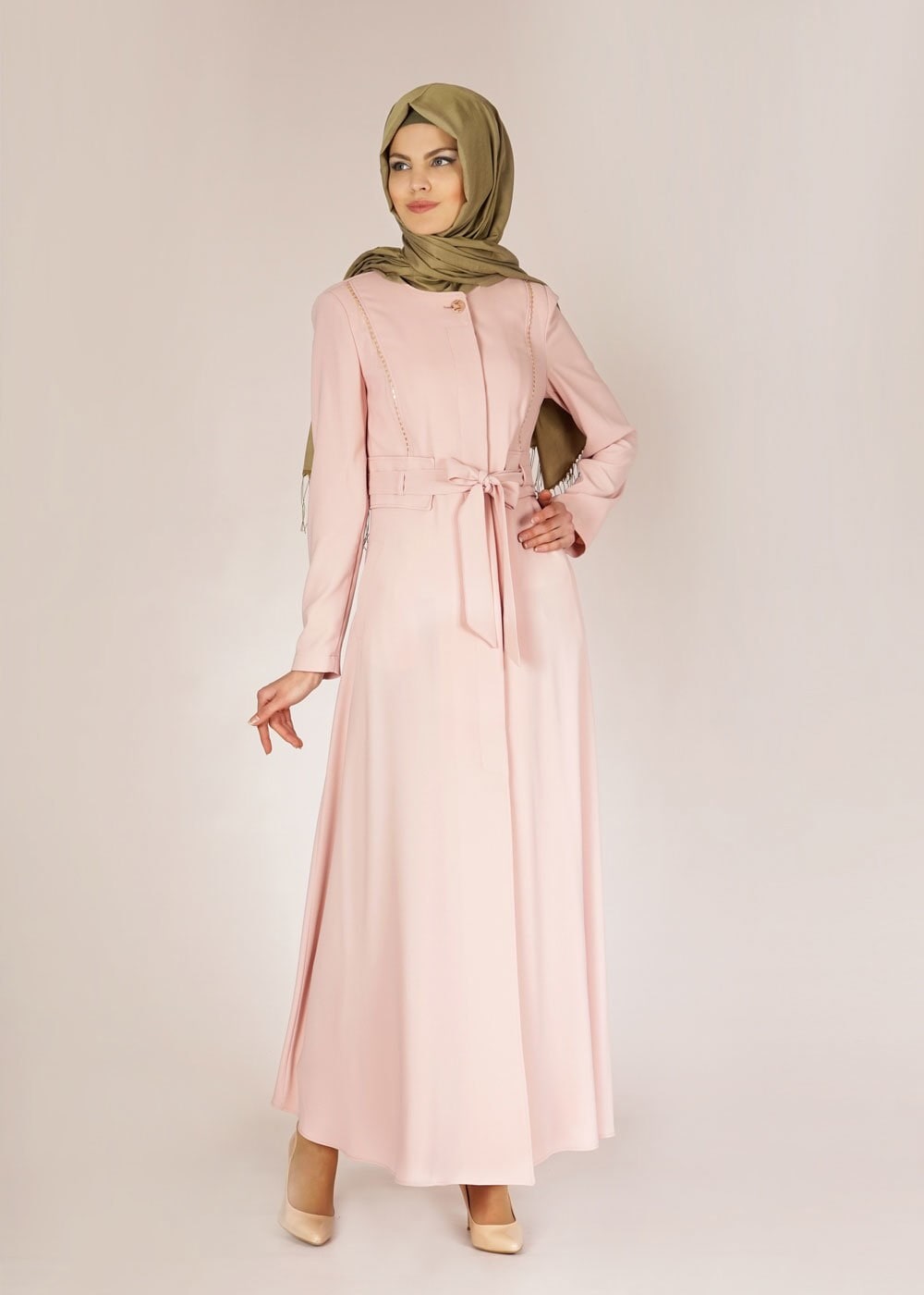 Tesettür giyim PUDRA BELİ KUŞAKLI DÜĞMELİ PARDESÜ 1485 
