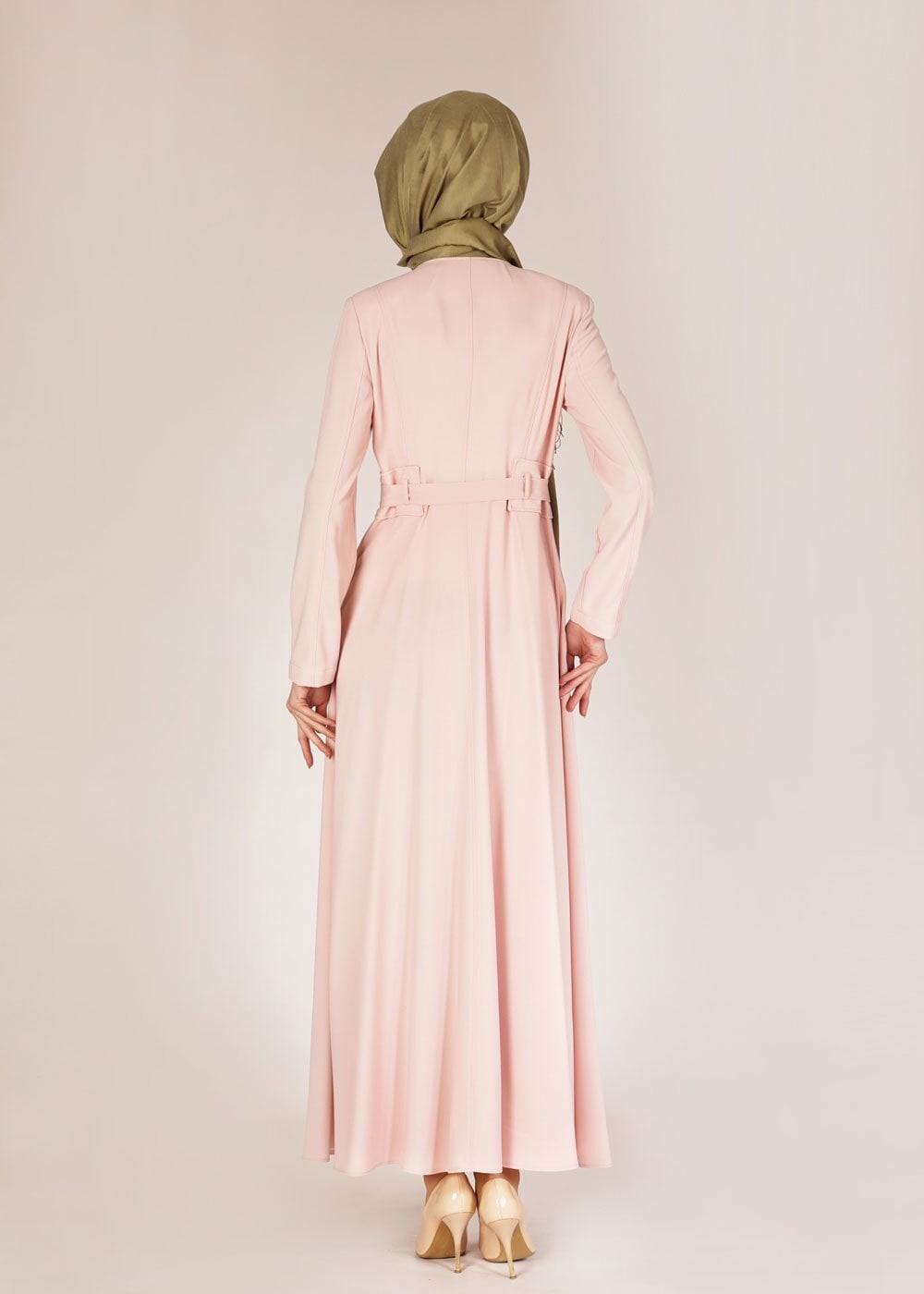 Tesettür giyim PUDRA BELİ KUŞAKLI DÜĞMELİ PARDESÜ 1485 