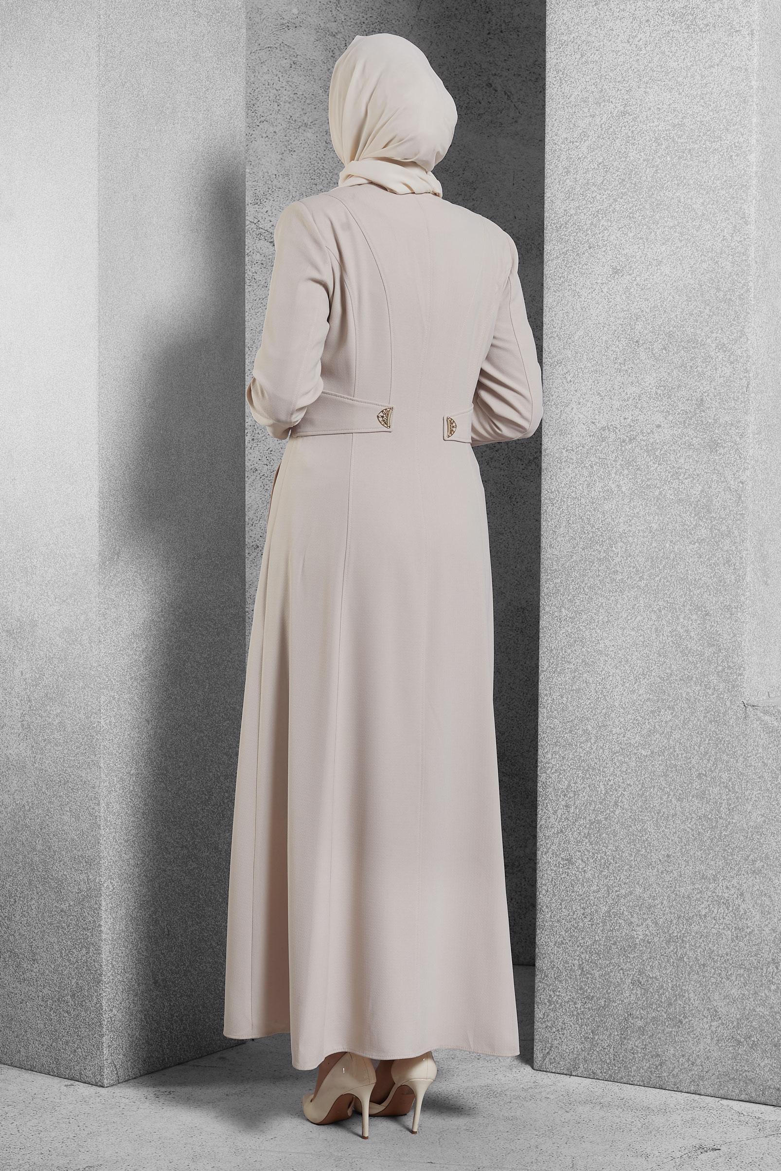 Tesettür giyim BEJ DÜĞME DETAYLI CEPLİ PARDESÜ 1486