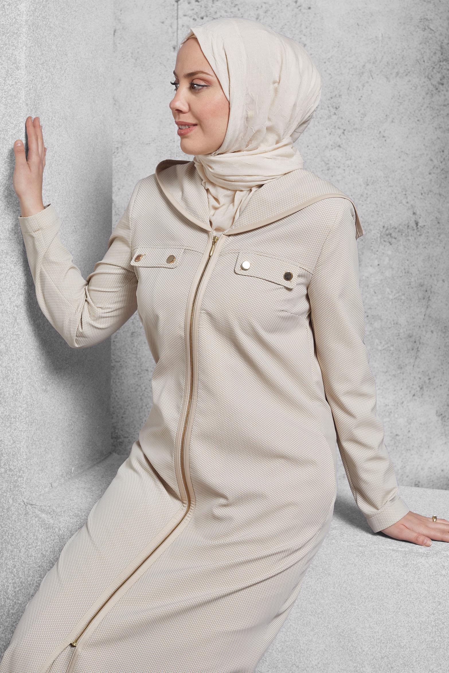 Tesettür giyim SARI KAPÜŞONLU PARDESÜ 1496