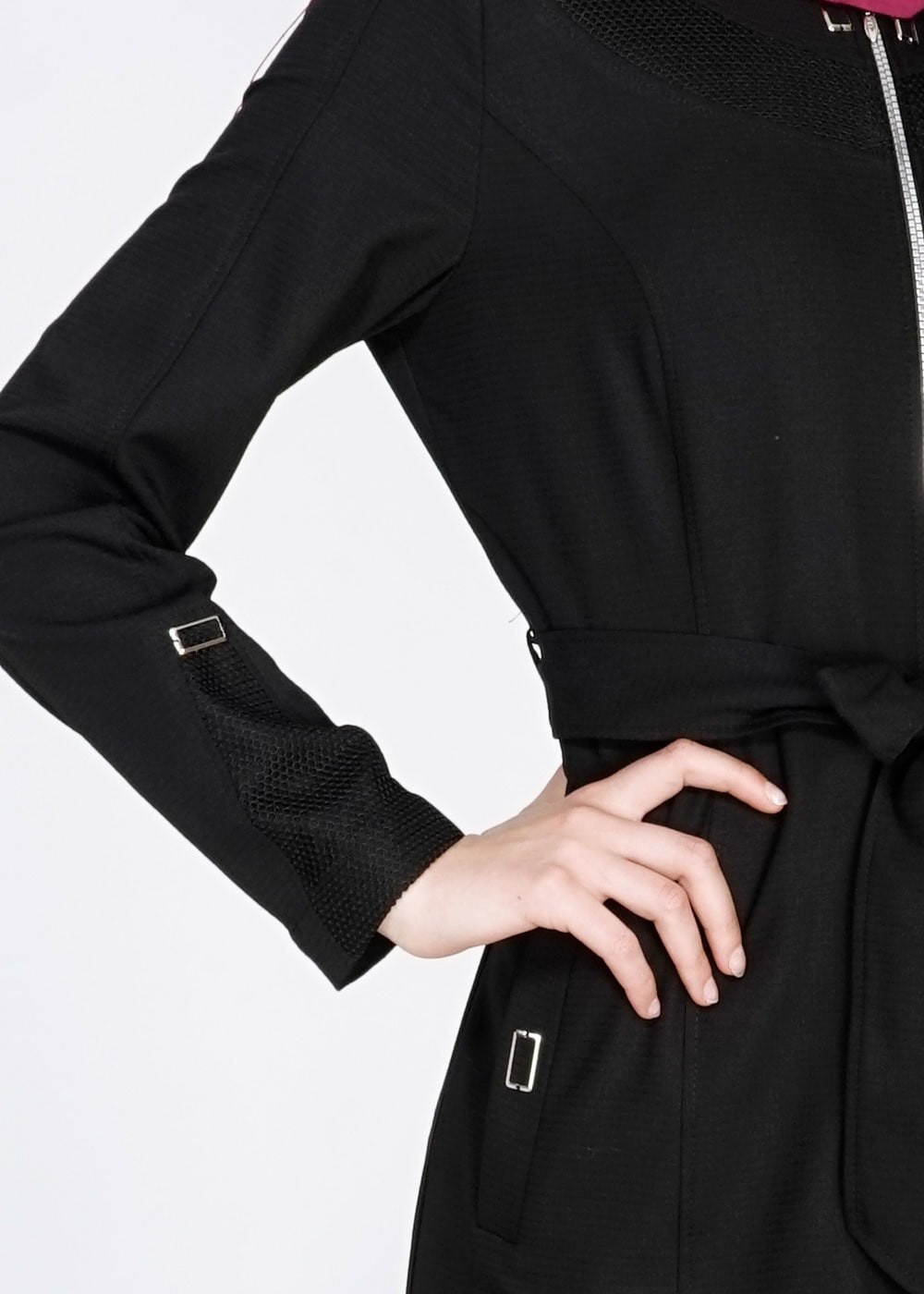 Tesettür giyim SİYAH FİLE DETAYLI FERMUARLI PARDESÜ 1516